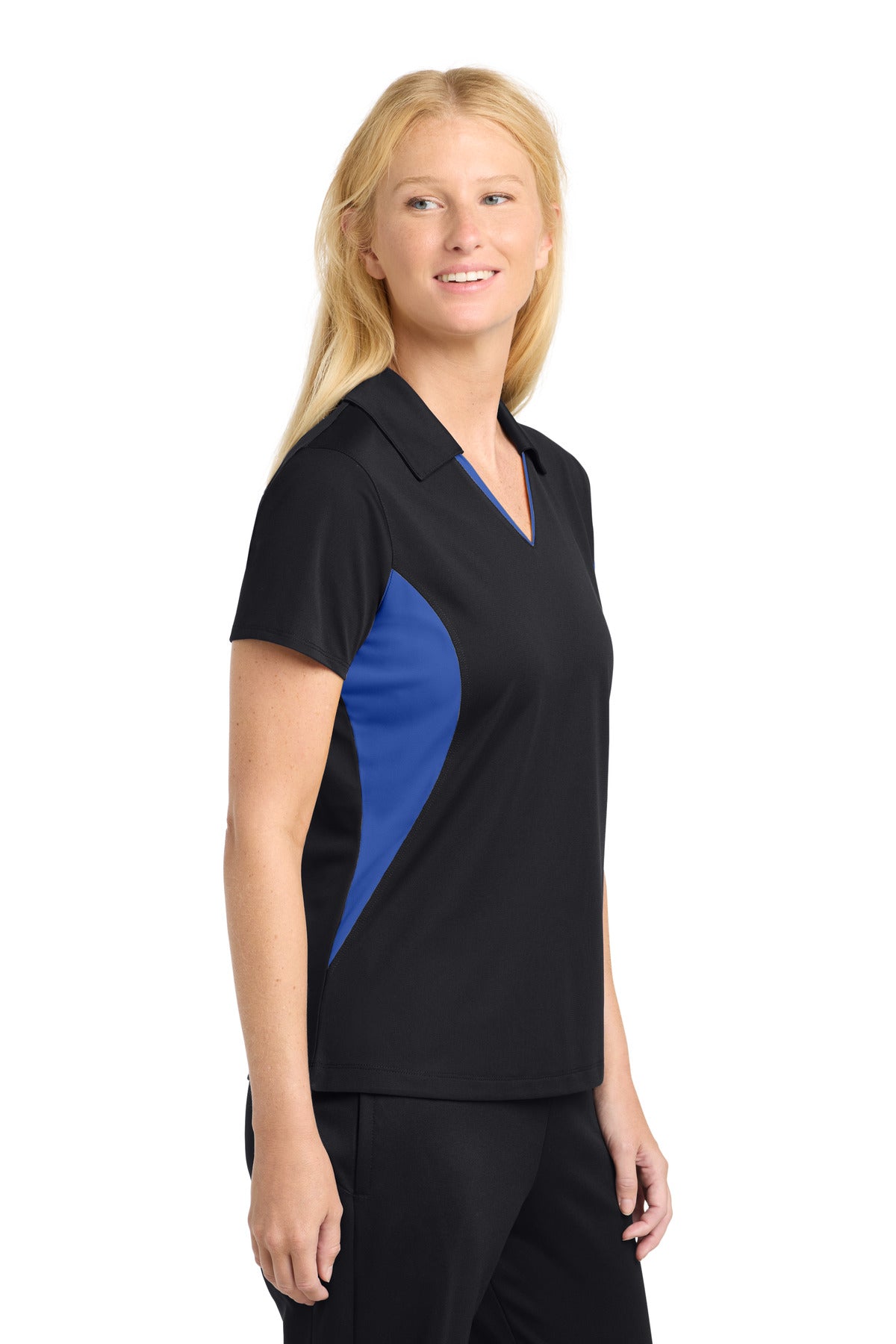 Sport-Tek Women's Side Blocked Micropique Sport-Wick Polo. LST655 - Black/ True Royal - side