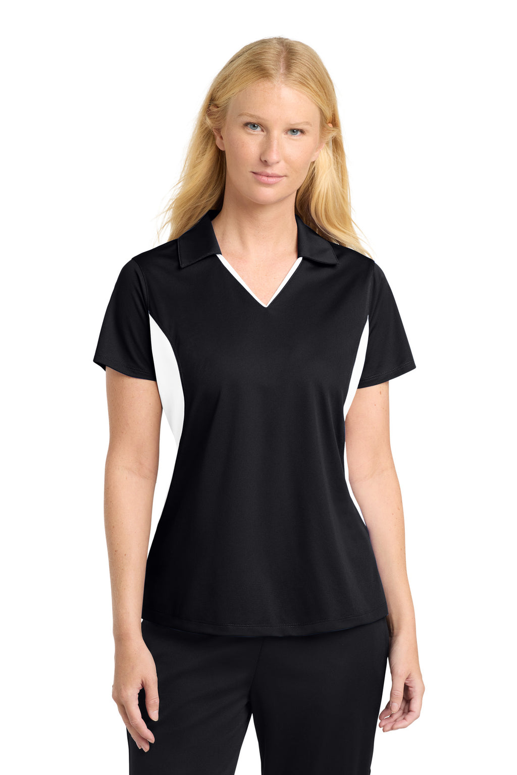 Sport-Tek Women's Side Blocked Micropique Sport-Wick Polo. LST655 - Black/ White - front