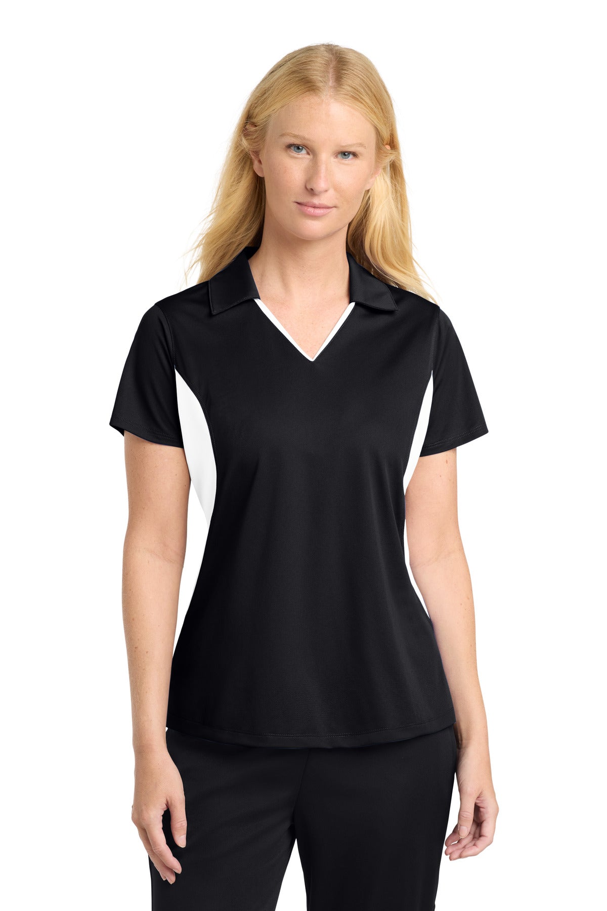 Sport-Tek Women's Side Blocked Micropique Sport-Wick Polo. LST655 - Black/ White - front