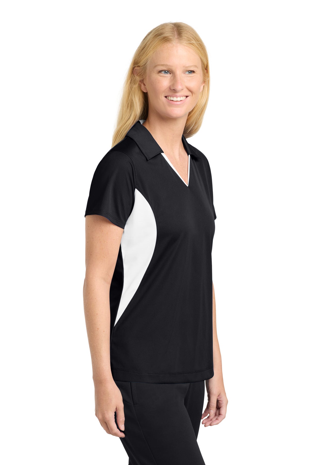 Sport-Tek Women's Side Blocked Micropique Sport-Wick Polo. LST655 - Black/ White - side