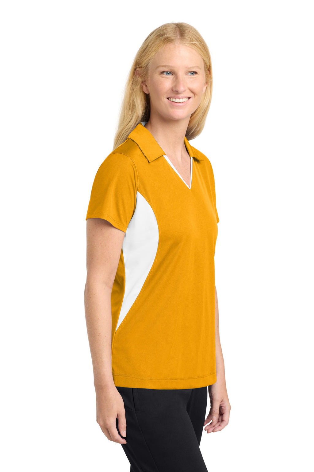 Sport-Tek Women's Side Blocked Micropique Sport-Wick Polo. LST655 - Gold/ White - side