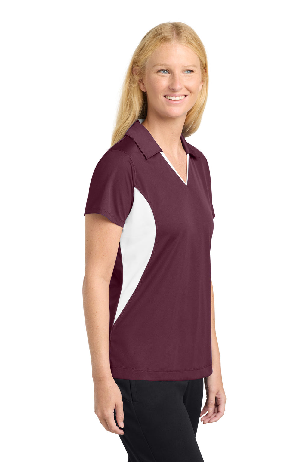 Sport-Tek Women's Side Blocked Micropique Sport-Wick Polo. LST655 - Maroon/ White - side