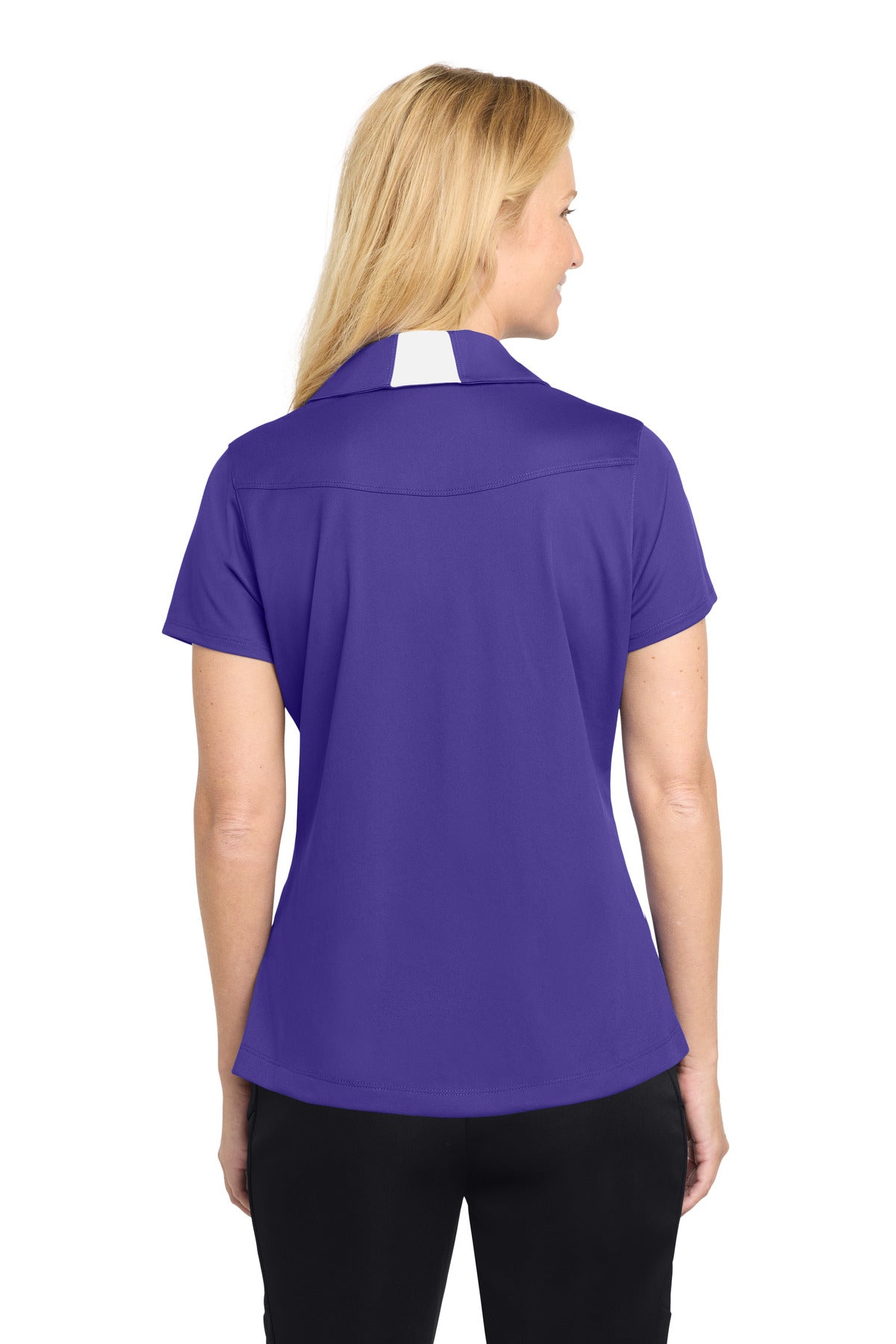 Sport-Tek Women's Side Blocked Micropique Sport-Wick Polo. LST655 - Purple/ White - back