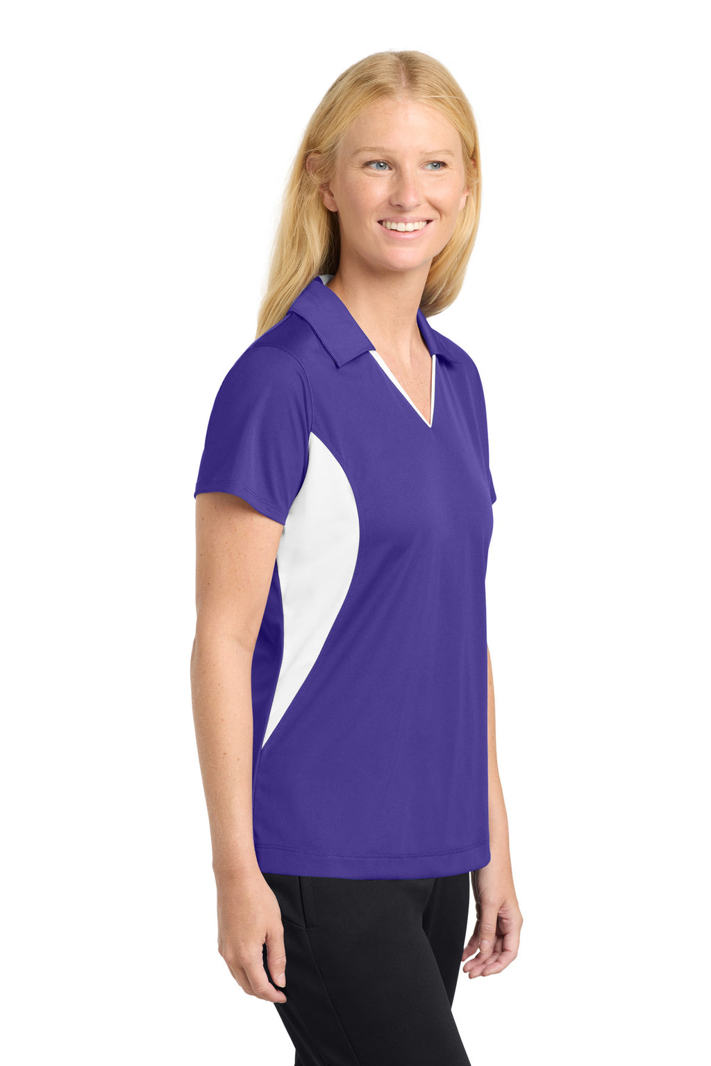 Sport-Tek Women's Side Blocked Micropique Sport-Wick Polo. LST655 - Purple/ White - side