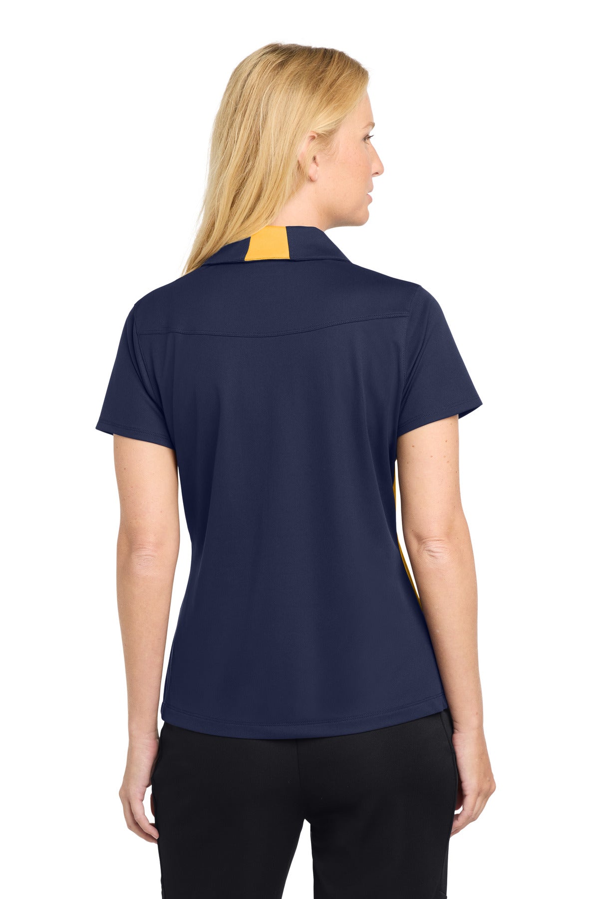 Sport-Tek Women's Side Blocked Micropique Sport-Wick Polo. LST655 - True Navy/ Gold - back