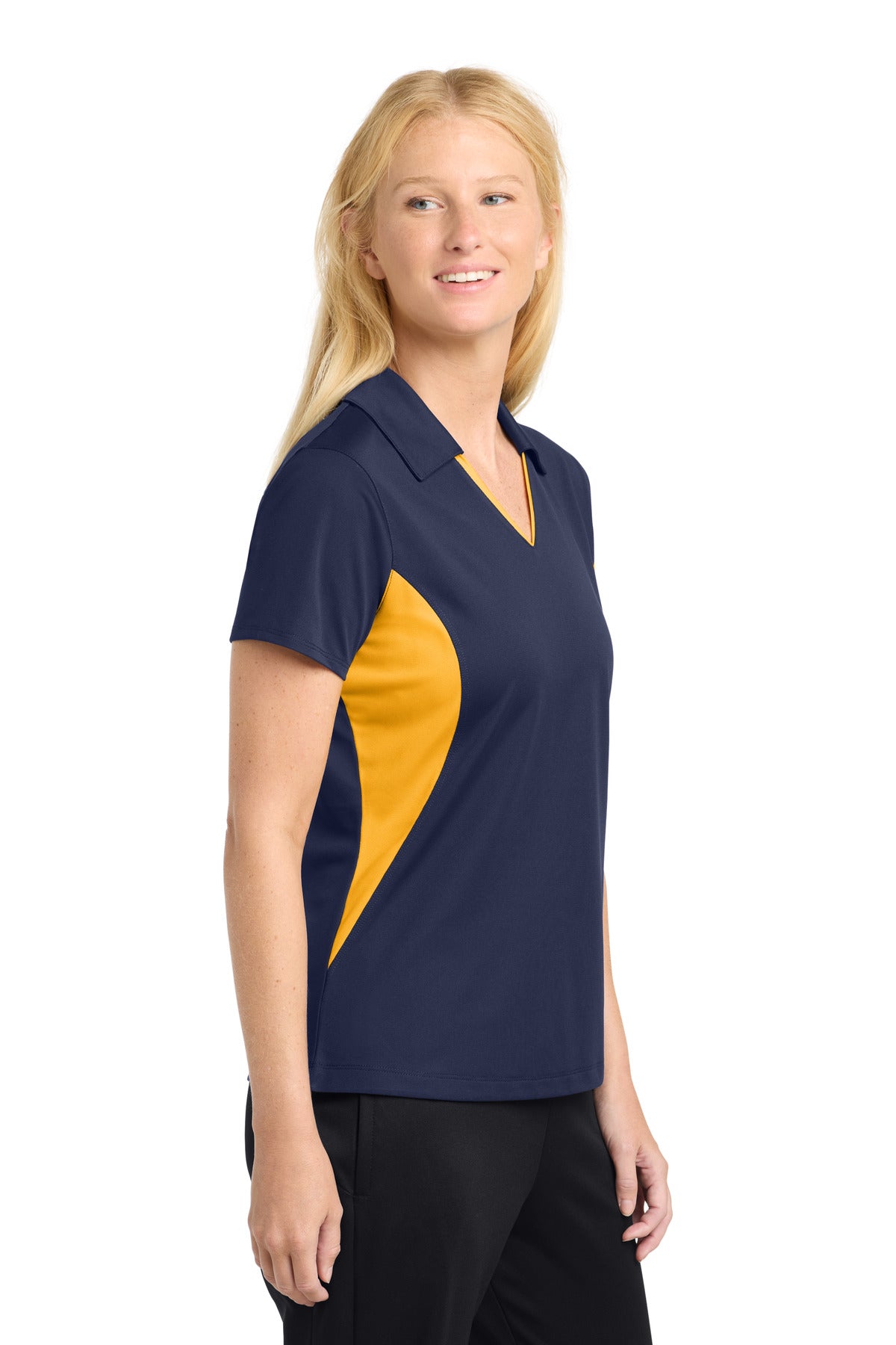 Sport-Tek Women's Side Blocked Micropique Sport-Wick Polo. LST655 - True Navy/ Gold - side