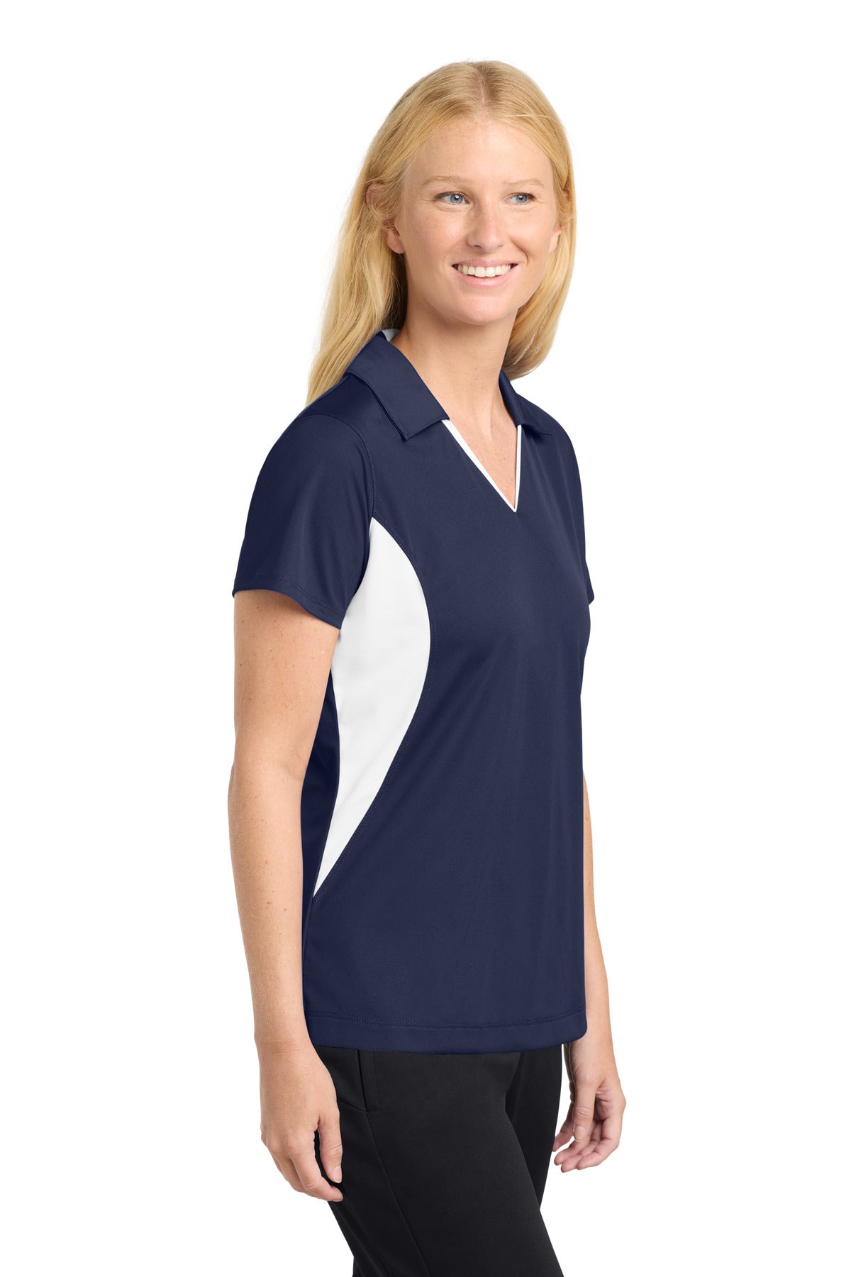 Sport-Tek Women's Side Blocked Micropique Sport-Wick Polo. LST655 - True Navy/ White - side