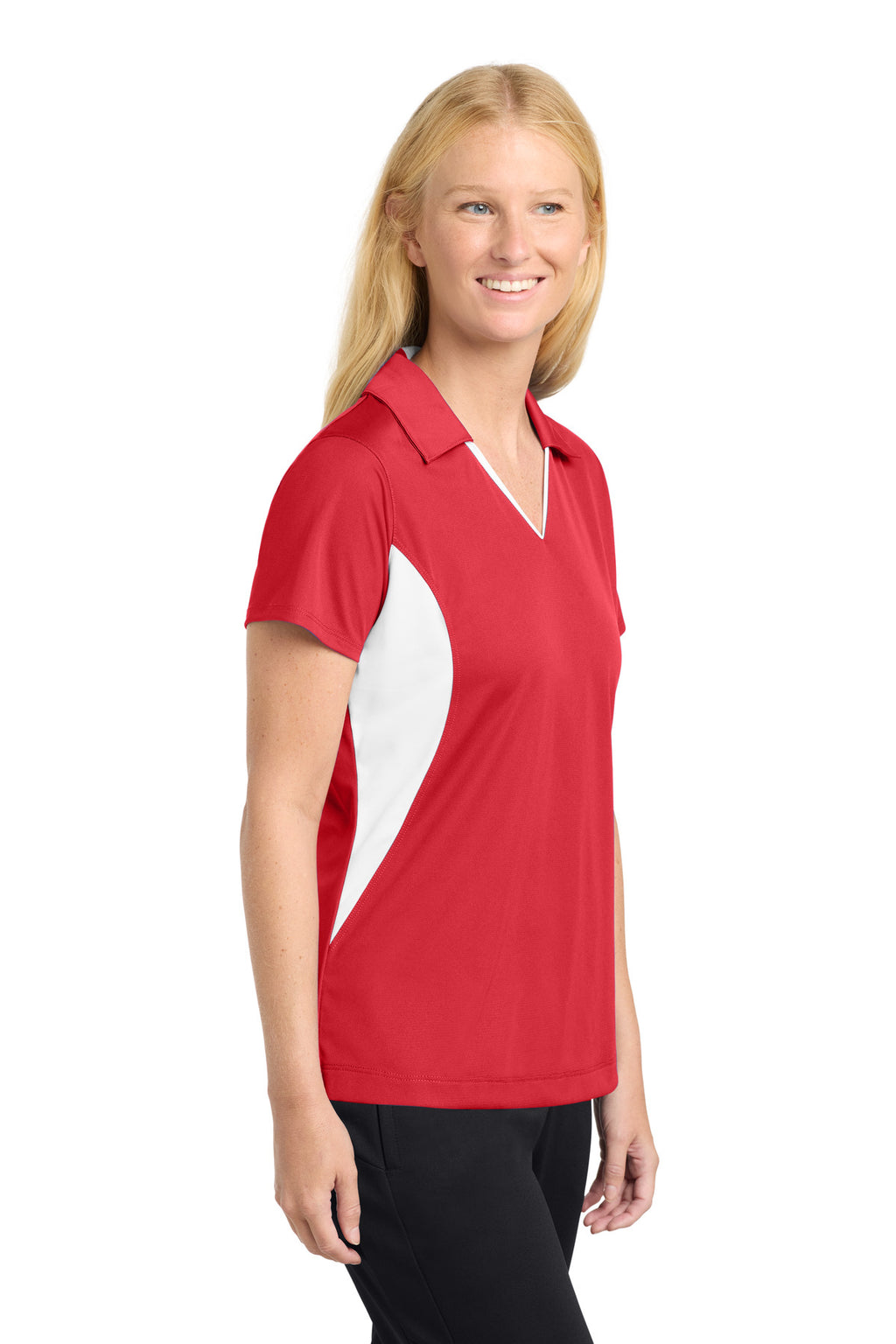 Sport-Tek Women's Side Blocked Micropique Sport-Wick Polo. LST655 - True Red/ White - side