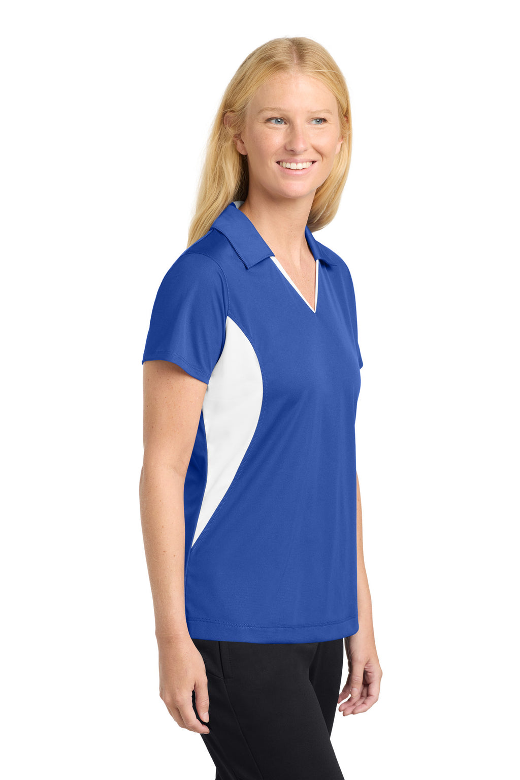 Sport-Tek Women's Side Blocked Micropique Sport-Wick Polo. LST655 - True Royal/ White - side