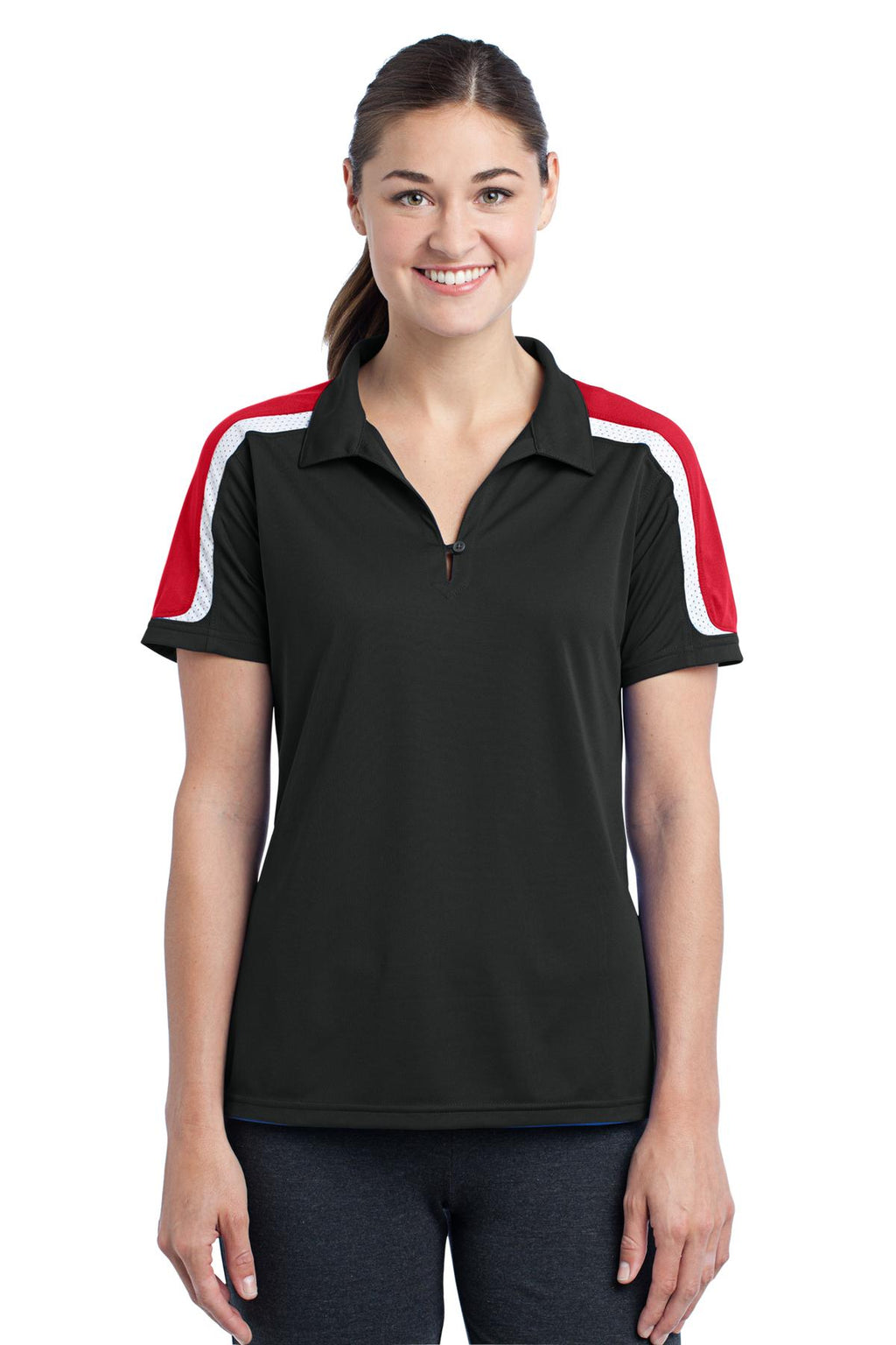 DISCONTINUED Sport-Tek Ladies Tricolor Shoulder Micropique Sport-Wick Polo. LST658 - Black/True Red/White - front