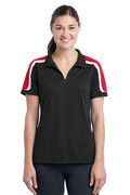 DISCONTINUED Sport-Tek Ladies Tricolor Shoulder Micropique Sport-Wick Polo. LST658 - Black/True Red/White - front