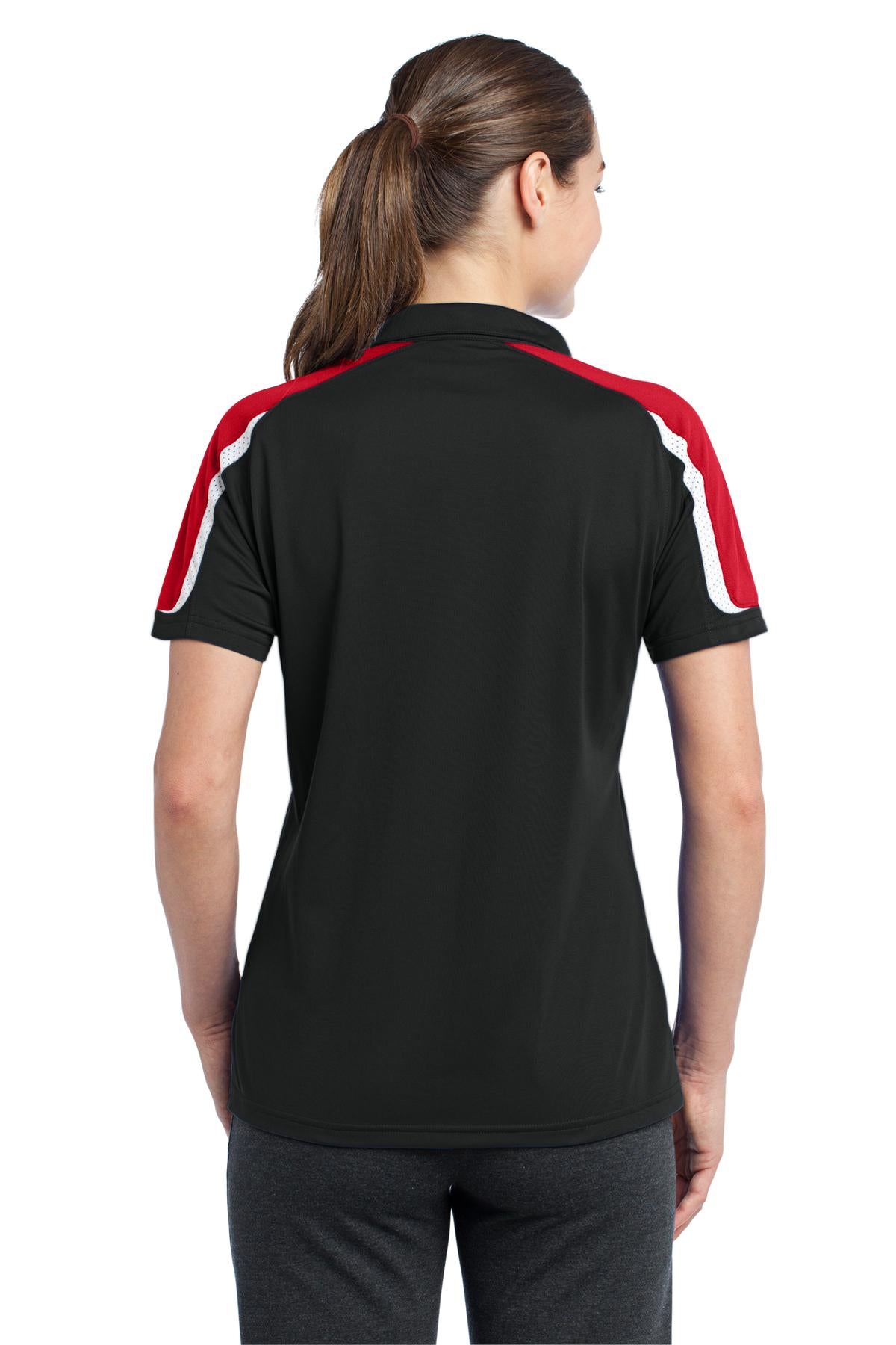 DISCONTINUED Sport-Tek Ladies Tricolor Shoulder Micropique Sport-Wick Polo. LST658 - Black/True Red/White - back