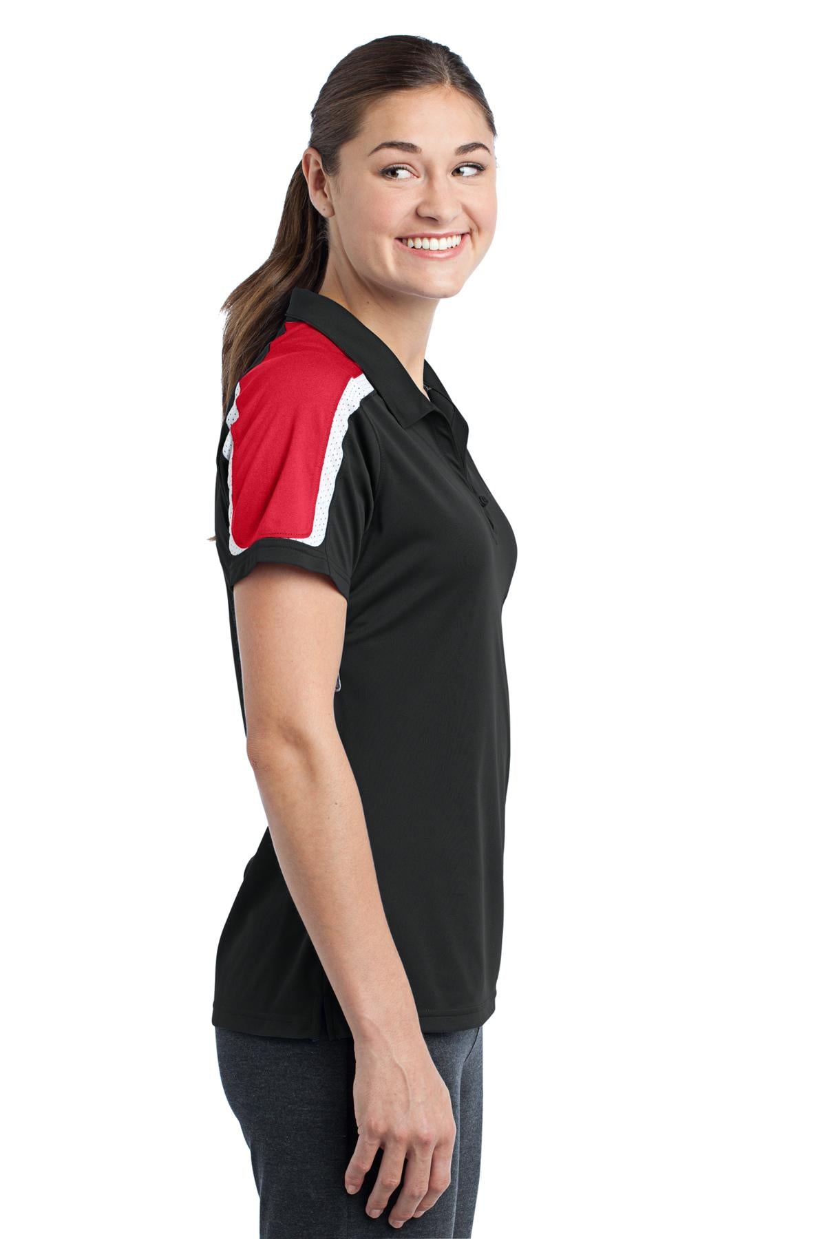DISCONTINUED Sport-Tek Ladies Tricolor Shoulder Micropique Sport-Wick Polo. LST658 - Black/True Red/White - side