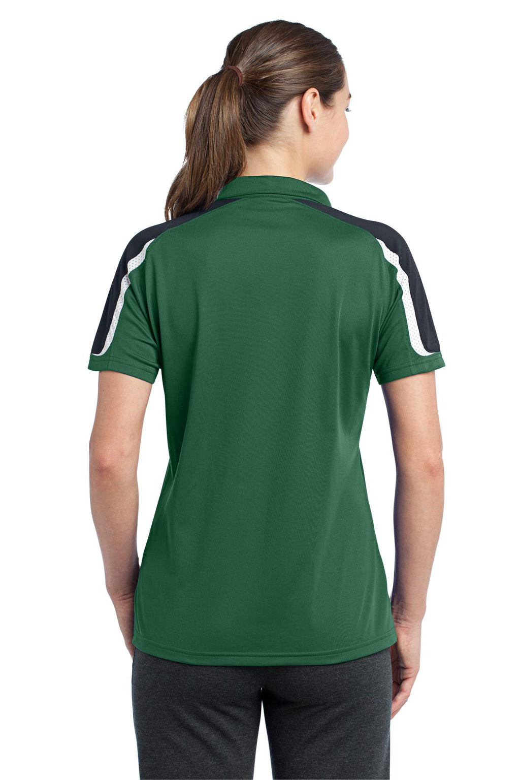 DISCONTINUED Sport-Tek Ladies Tricolor Shoulder Micropique Sport-Wick Polo. LST658 - Forest Green/Black/White - back