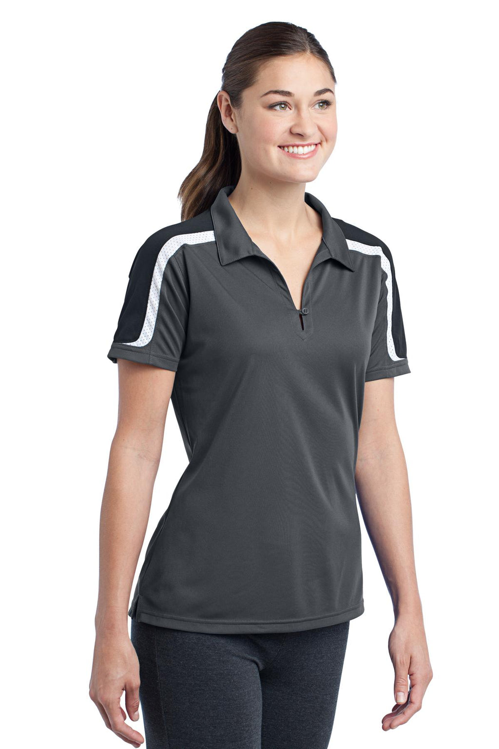 DISCONTINUED Sport-Tek Ladies Tricolor Shoulder Micropique Sport-Wick Polo. LST658 - Iron Grey/Black/White - three_q