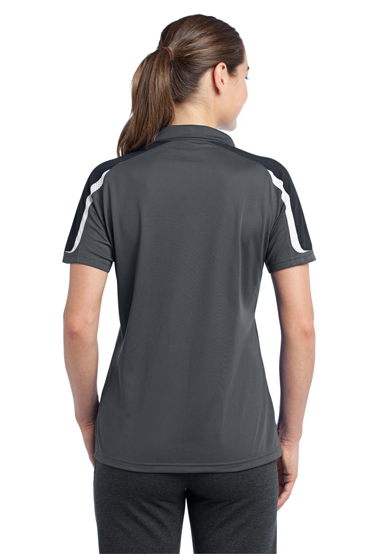 DISCONTINUED Sport-Tek Ladies Tricolor Shoulder Micropique Sport-Wick Polo. LST658 - Iron Grey/Black/White - back