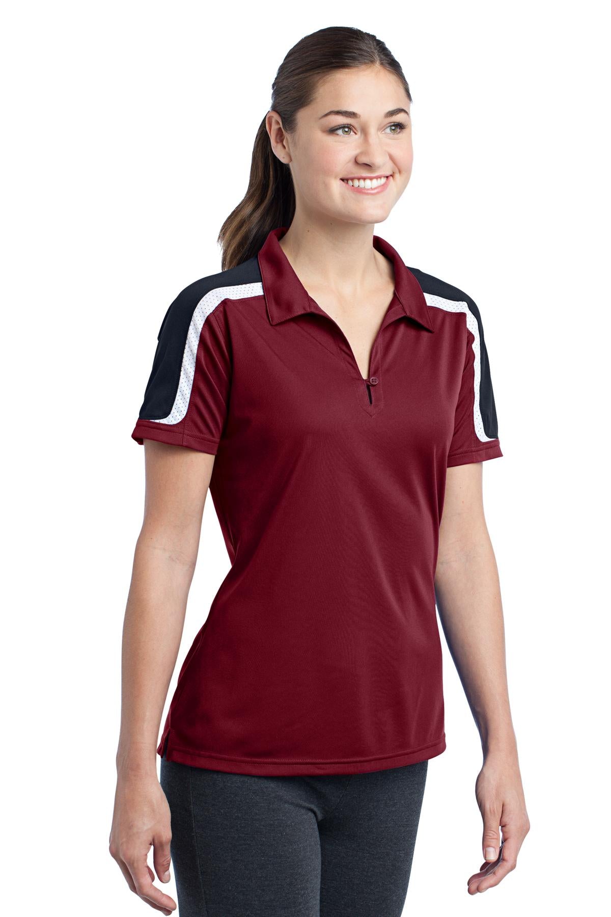 DISCONTINUED Sport-Tek Ladies Tricolor Shoulder Micropique Sport-Wick Polo. LST658 - Maroon/Black/White - three_q
