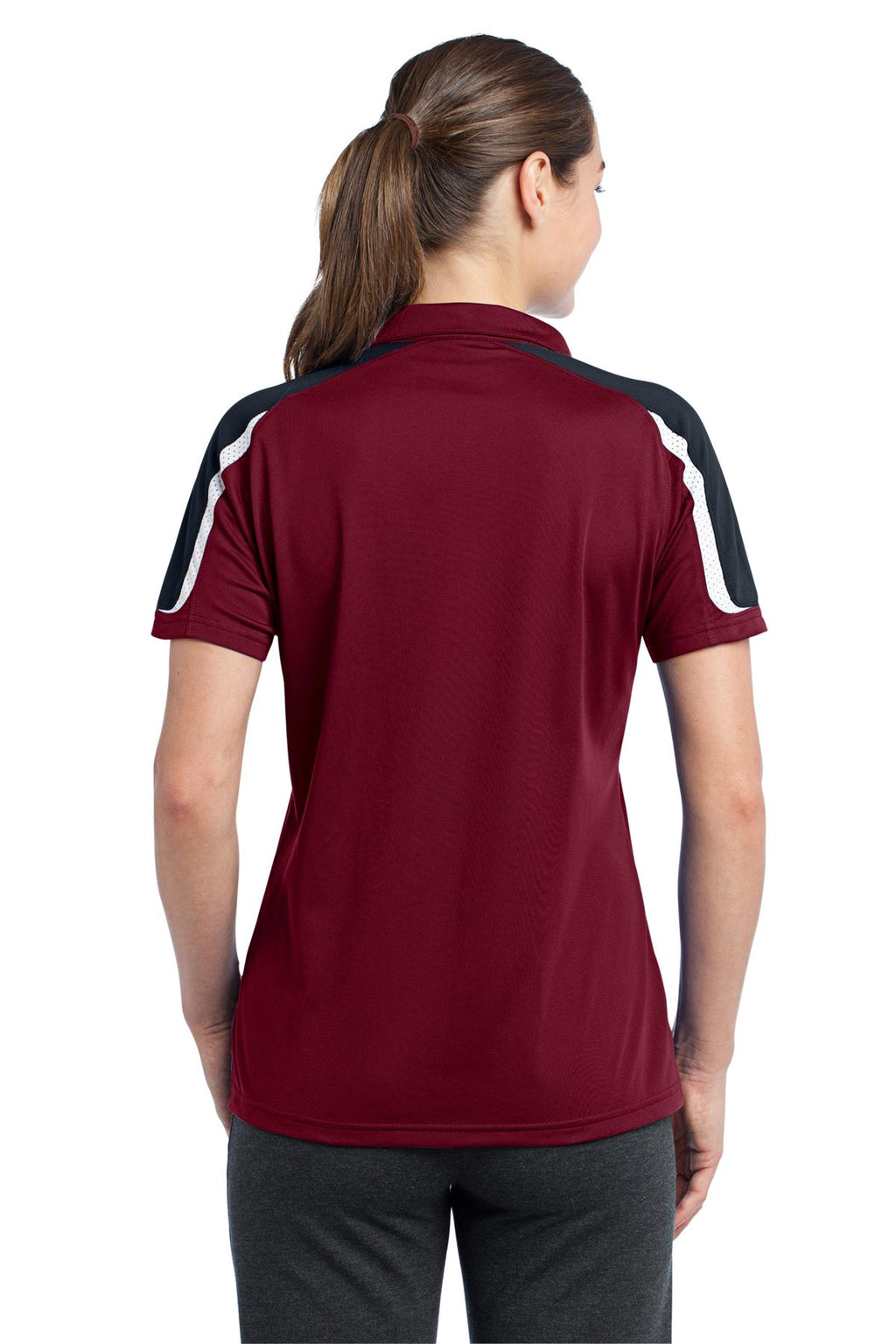 DISCONTINUED Sport-Tek Ladies Tricolor Shoulder Micropique Sport-Wick Polo. LST658 - Maroon/Black/White - back