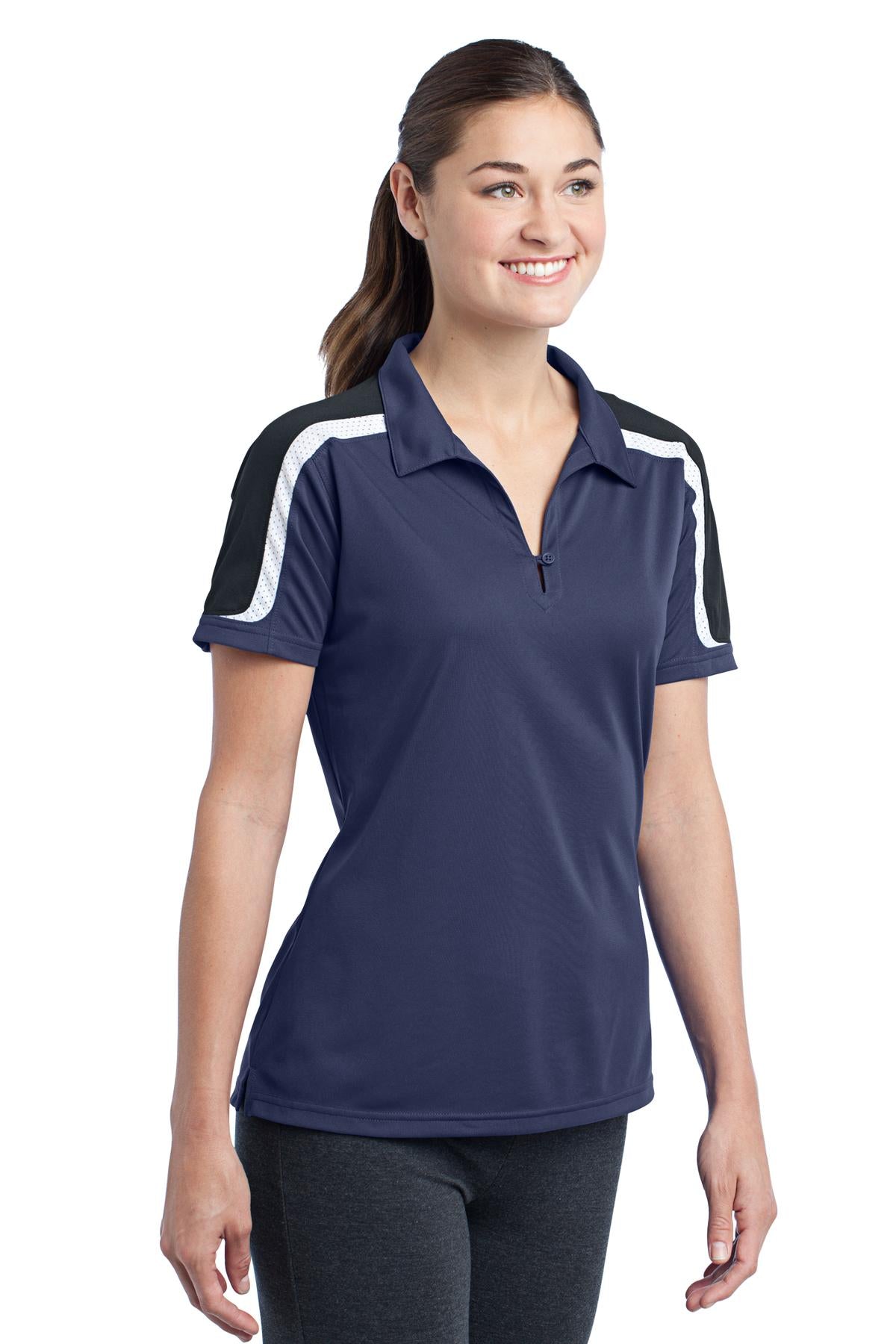 DISCONTINUED Sport-Tek Ladies Tricolor Shoulder Micropique Sport-Wick Polo. LST658 - True Navy/Black/White - three_q