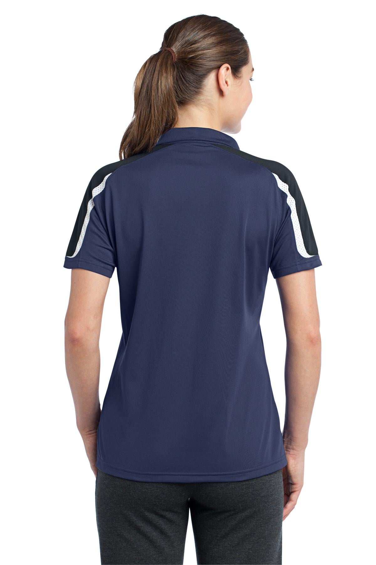 DISCONTINUED Sport-Tek Ladies Tricolor Shoulder Micropique Sport-Wick Polo. LST658 - True Navy/Black/White - back