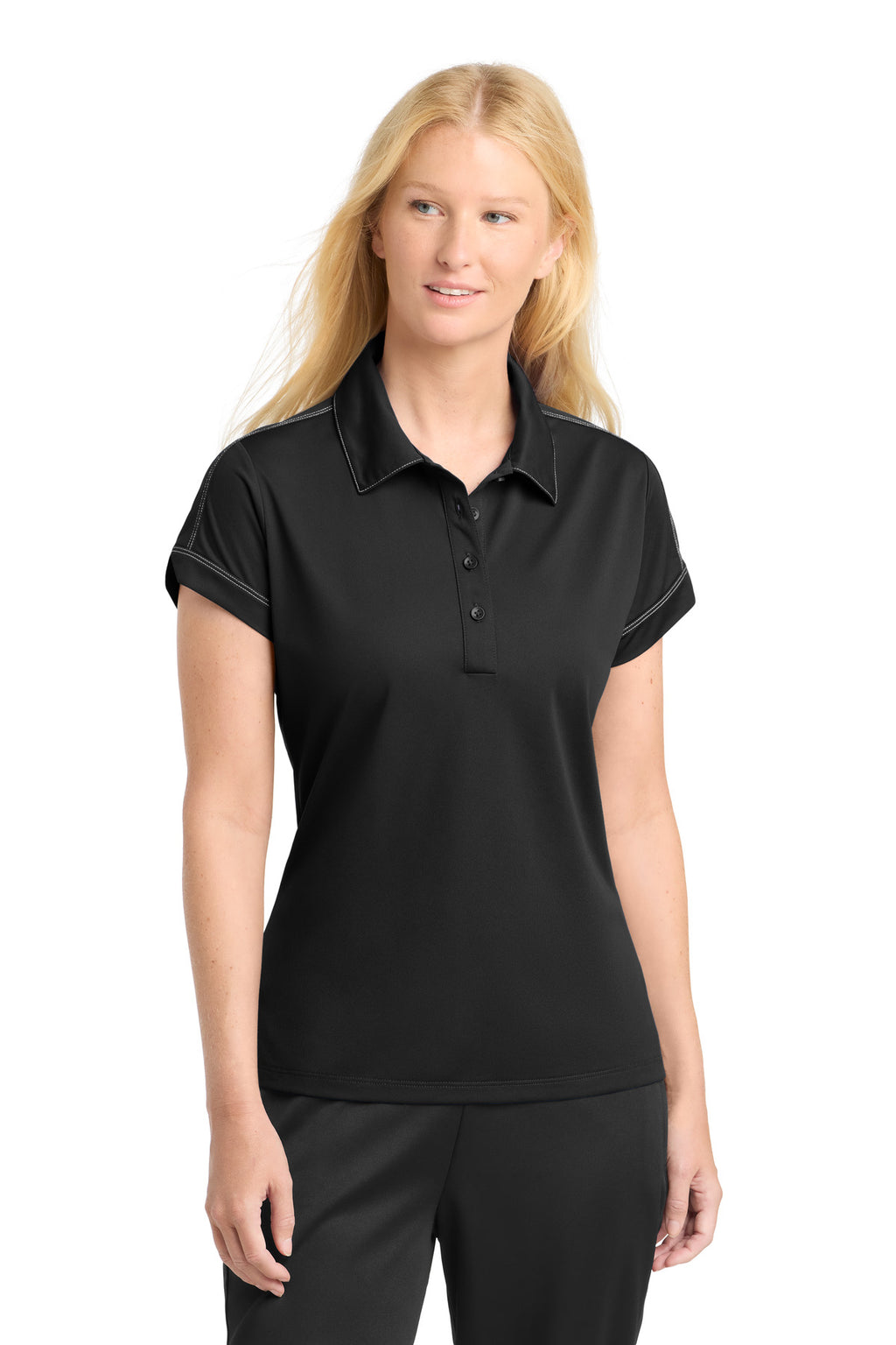 DISCONTINUED Sport-Tek Women's Contrast Stitch Micropique Sport-Wick Polo. LST659 - Black - front