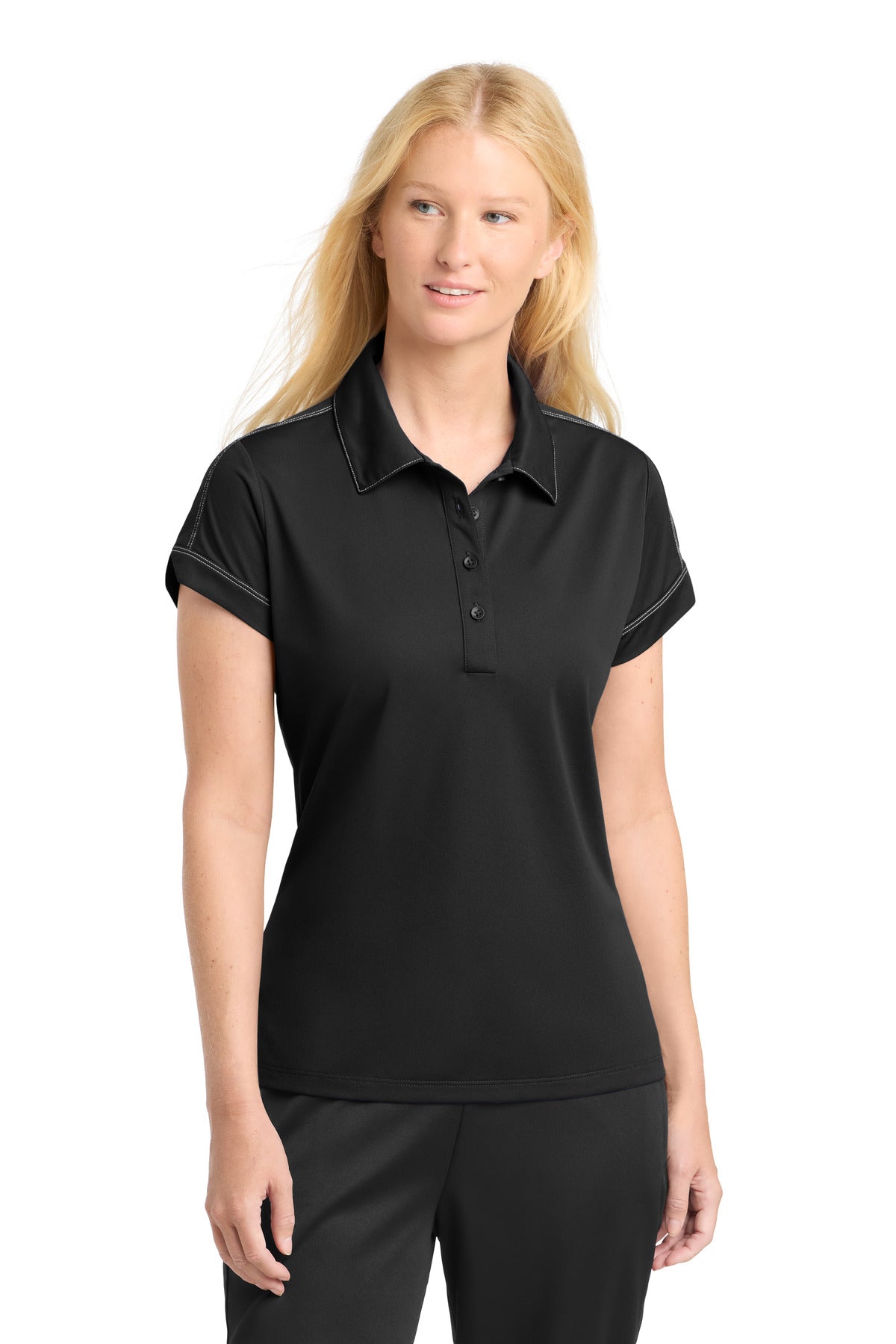 DISCONTINUED Sport-Tek Women's Contrast Stitch Micropique Sport-Wick Polo. LST659 - Black - front