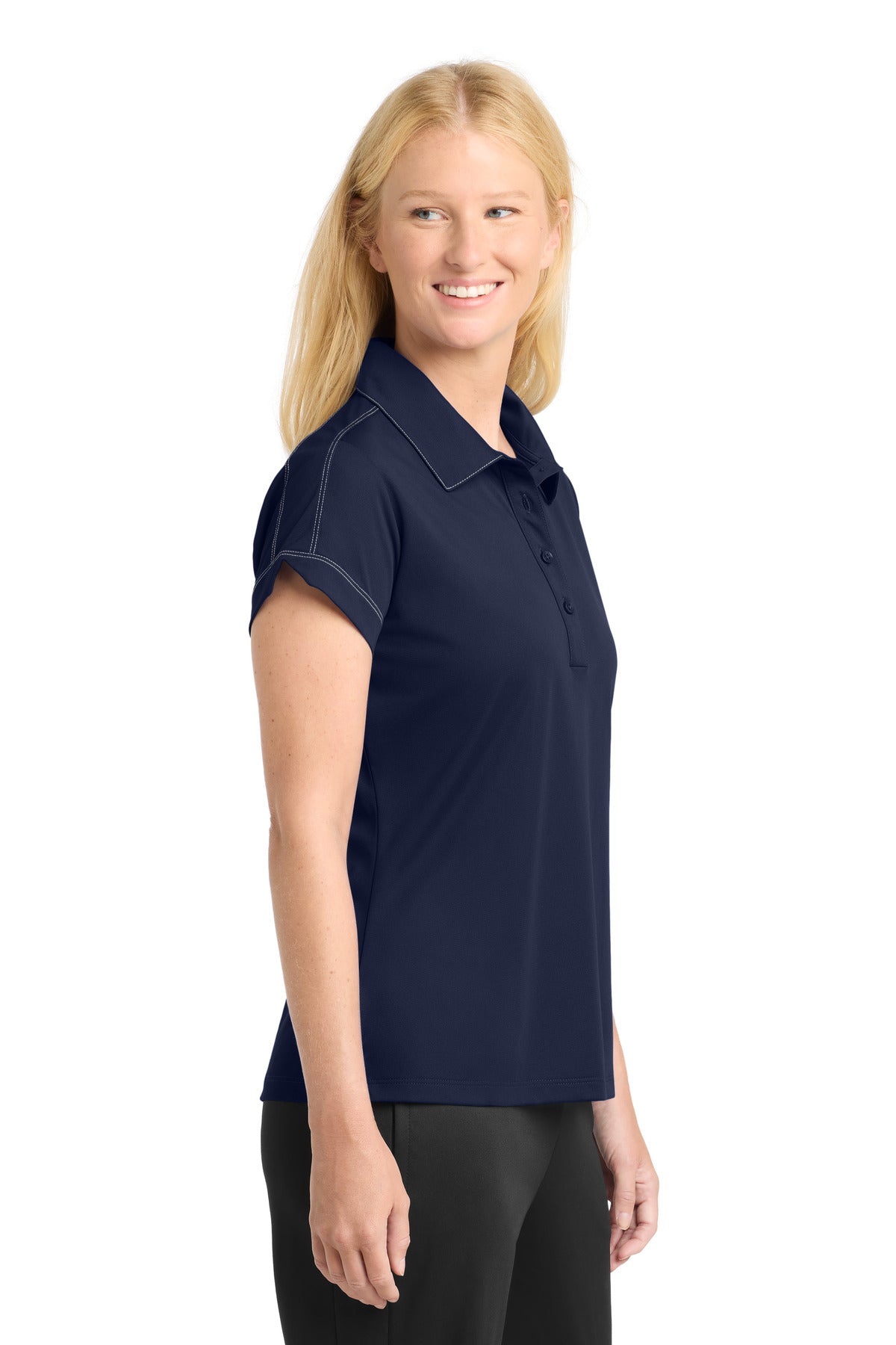 DISCONTINUED Sport-Tek Women's Contrast Stitch Micropique Sport-Wick Polo. LST659 - True Navy - side