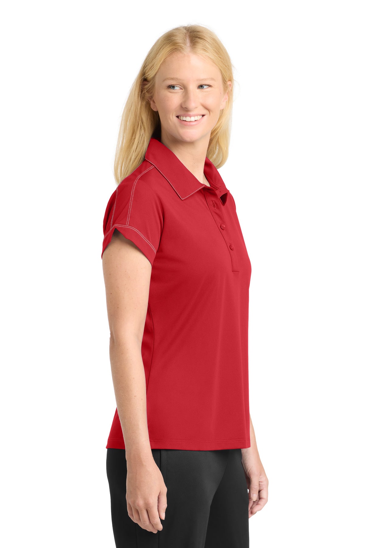 DISCONTINUED Sport-Tek Women's Contrast Stitch Micropique Sport-Wick Polo. LST659 - True Red - side