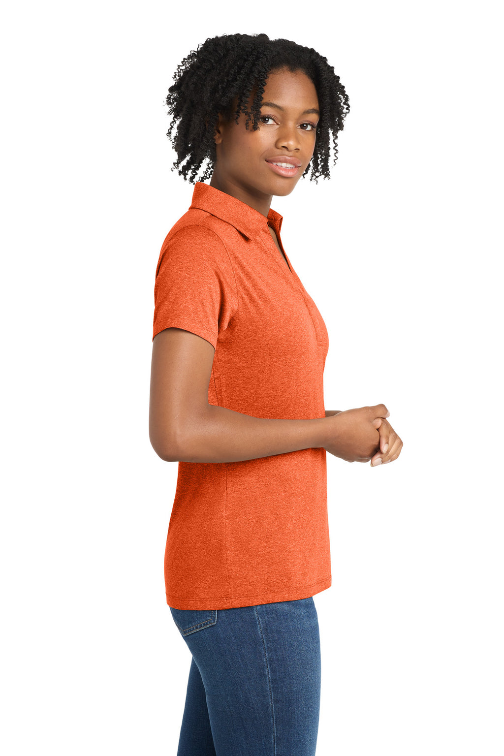 Sport-Tek Women's Heather Contender Polo. LST660 - Deep Orange Heather - side