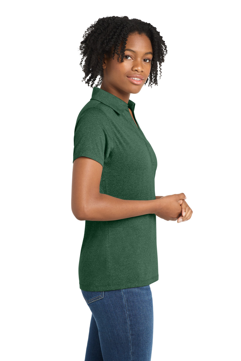 Sport-Tek Women's Heather Contender Polo. LST660 - Forest Green Heather - side