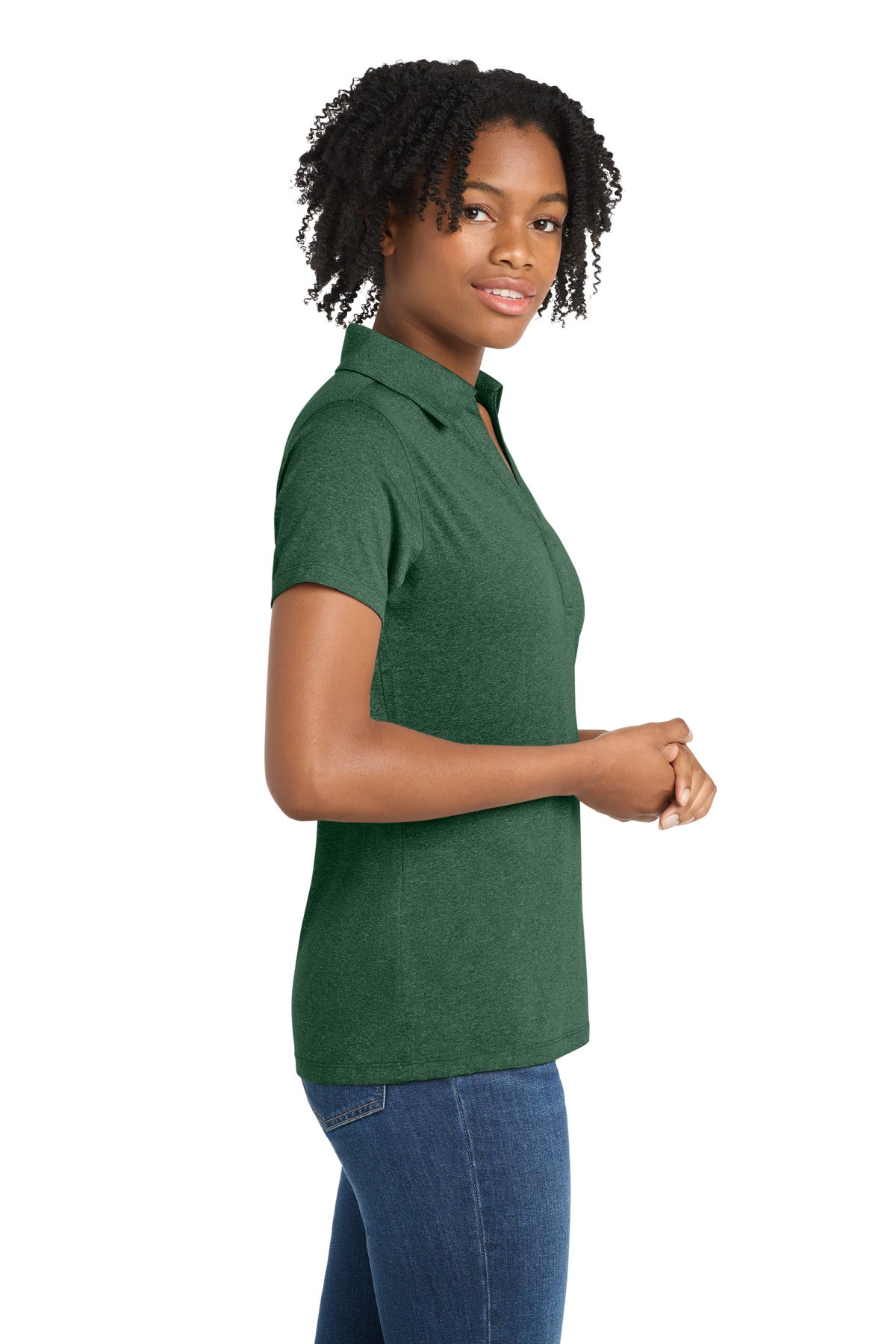 Sport-Tek Women's Heather Contender Polo. LST660 - Forest Green Heather - side