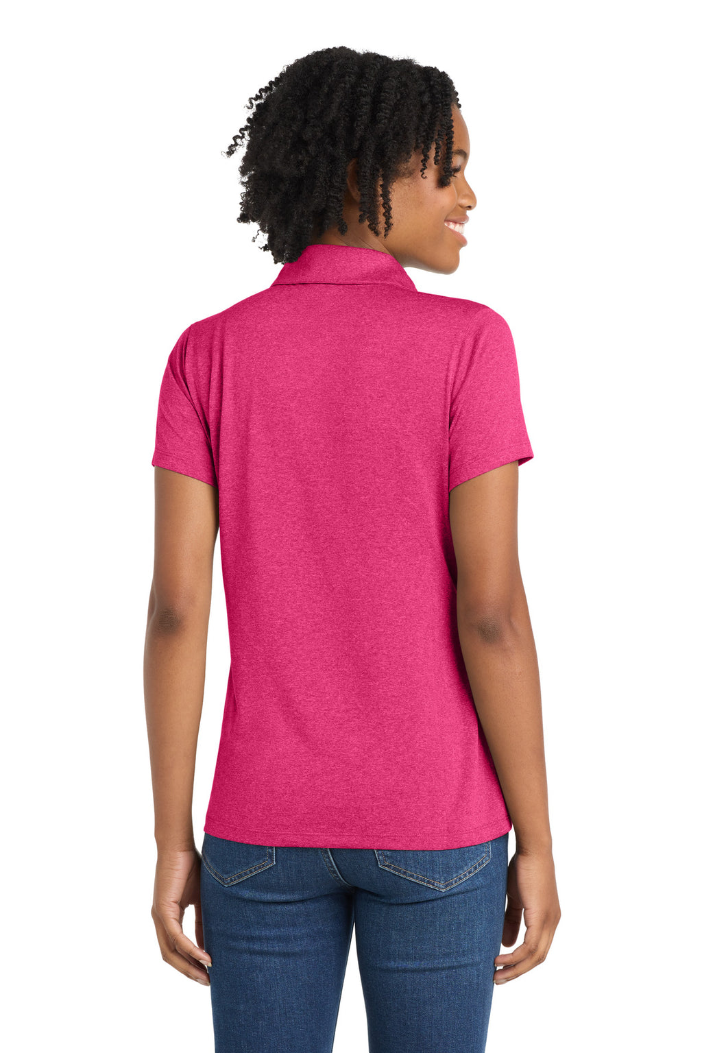 Sport-Tek Women's Heather Contender Polo. LST660 - Pink Raspberry Heather - back