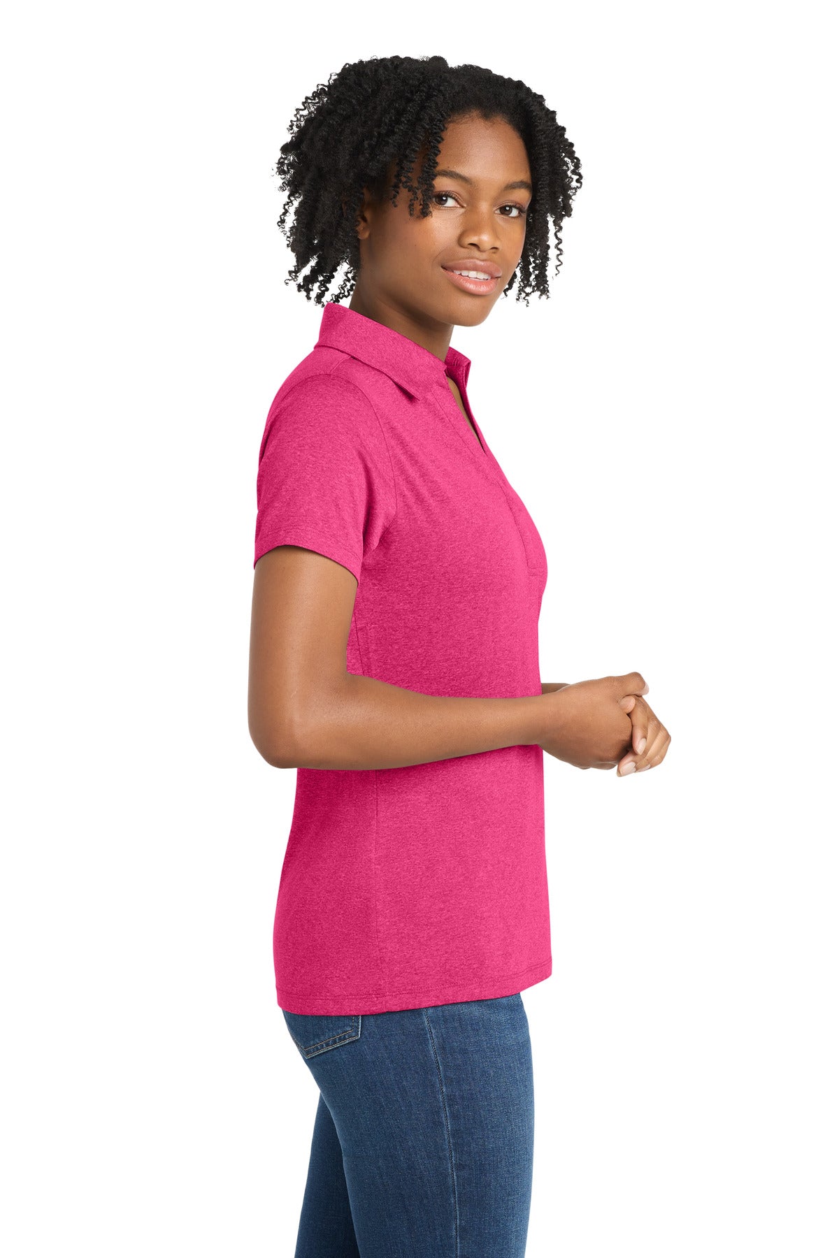 Sport-Tek Women's Heather Contender Polo. LST660 - Pink Raspberry Heather - side
