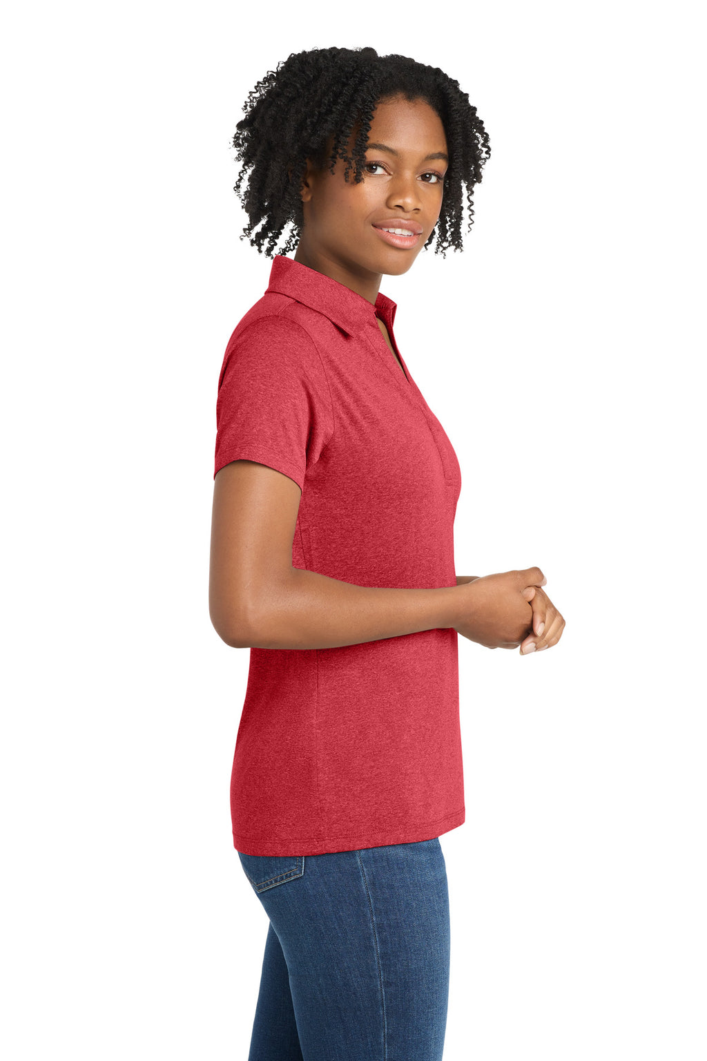 Sport-Tek Women's Heather Contender Polo. LST660 - Scarlet Heather - side