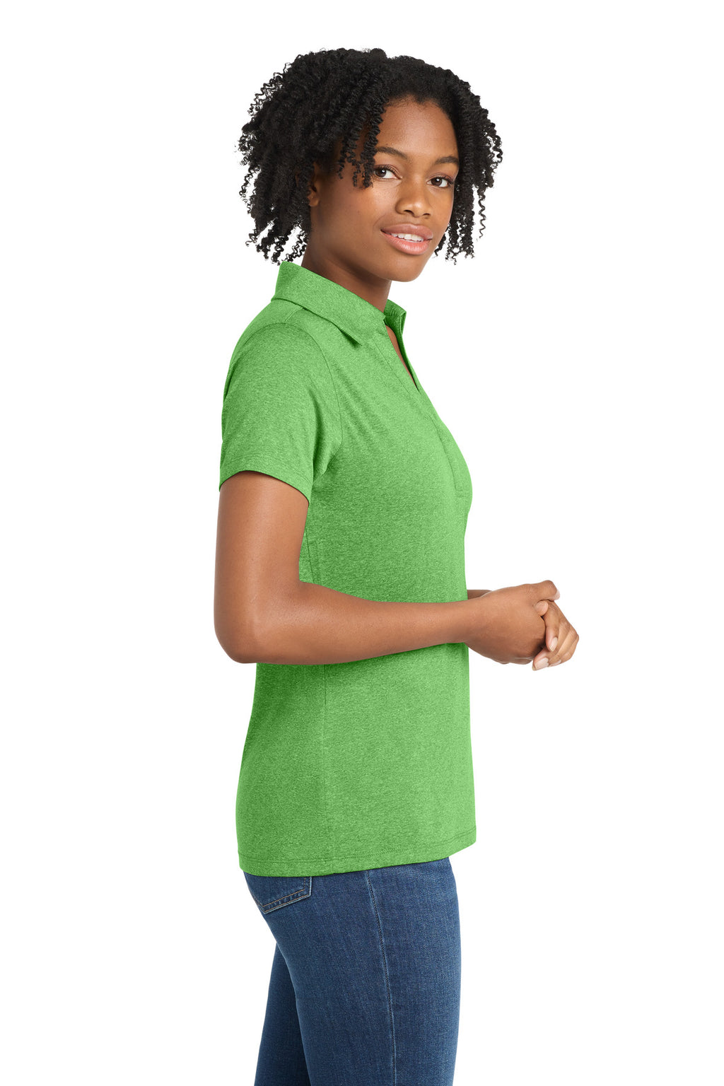 Sport-Tek Women's Heather Contender Polo. LST660 - Turf Green Heather - side