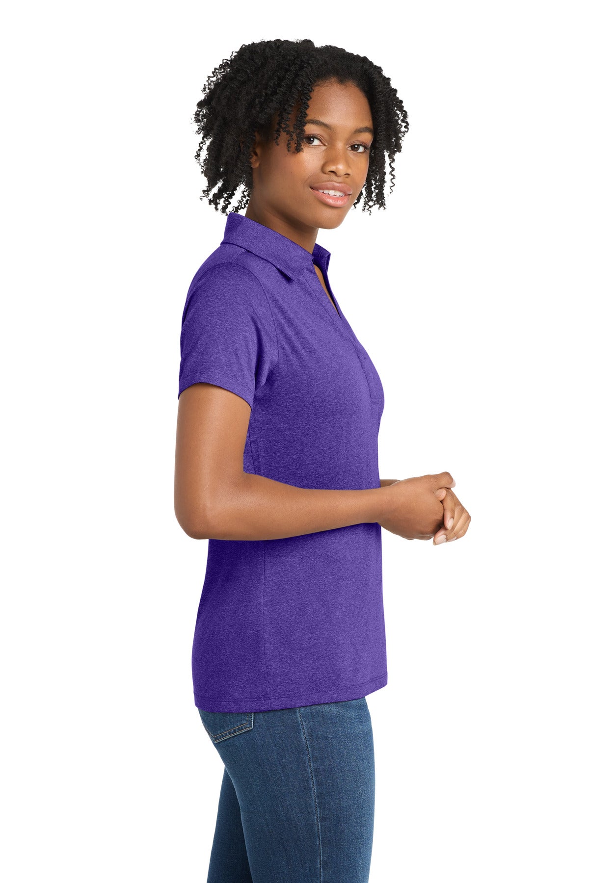 Sport-Tek Women's Heather Contender Polo. LST660 - Varsity Purple Heather - side