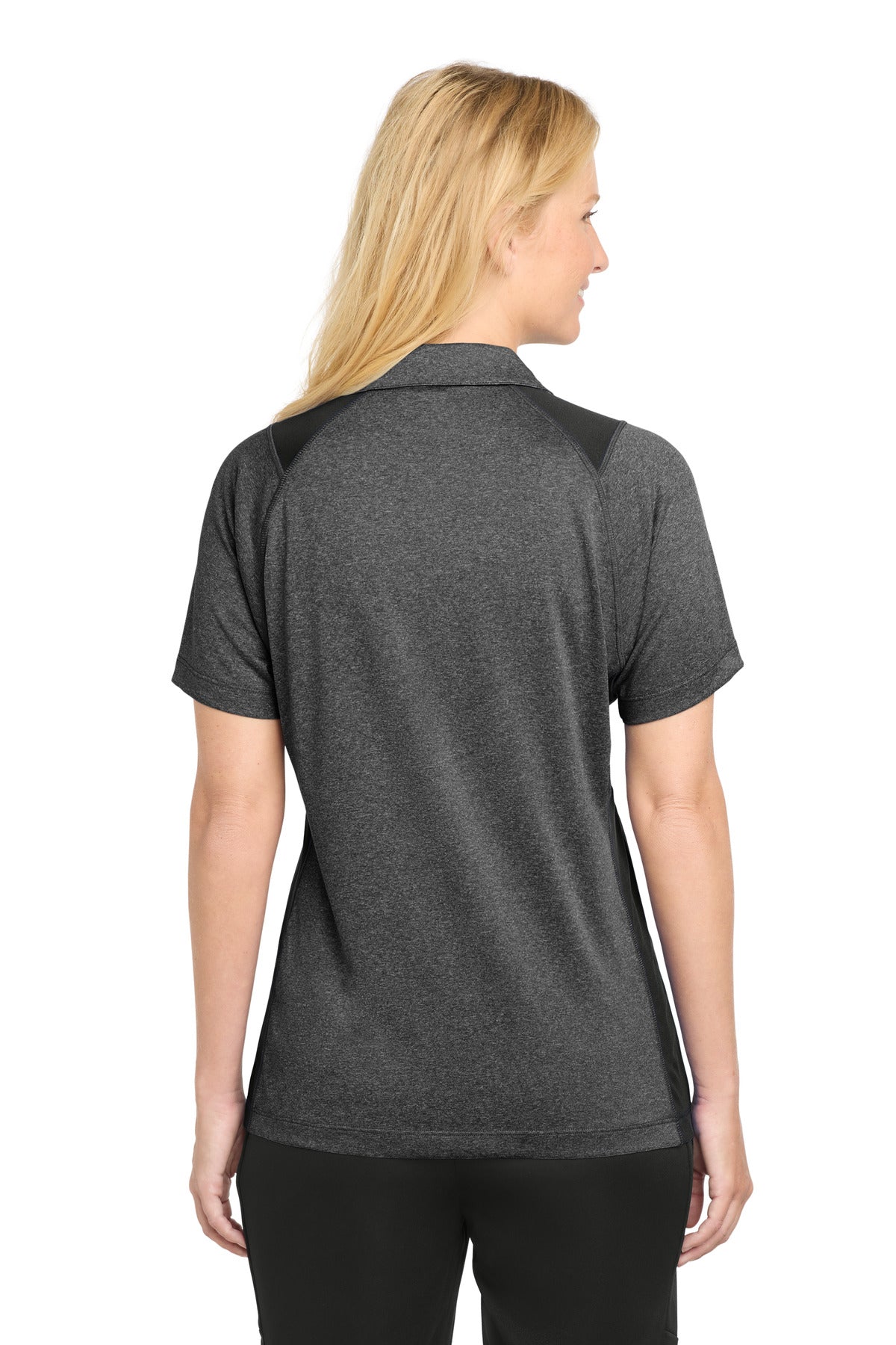 Sport-Tek Women's Heather Colorblock Contender Polo. LST665 - Graphite Heather/ Black - back