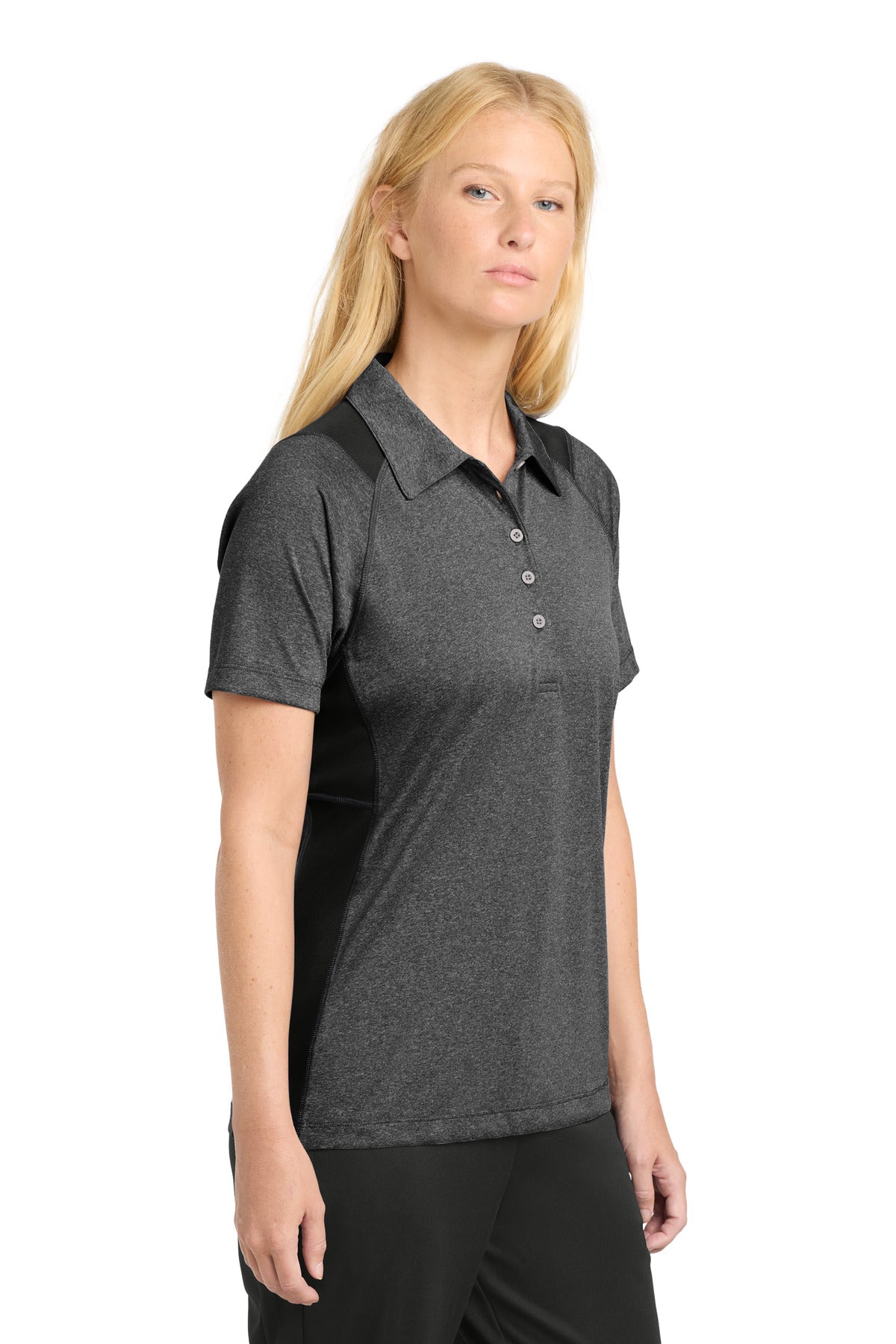 Sport-Tek Women's Heather Colorblock Contender Polo. LST665 - Graphite Heather/ Black - side