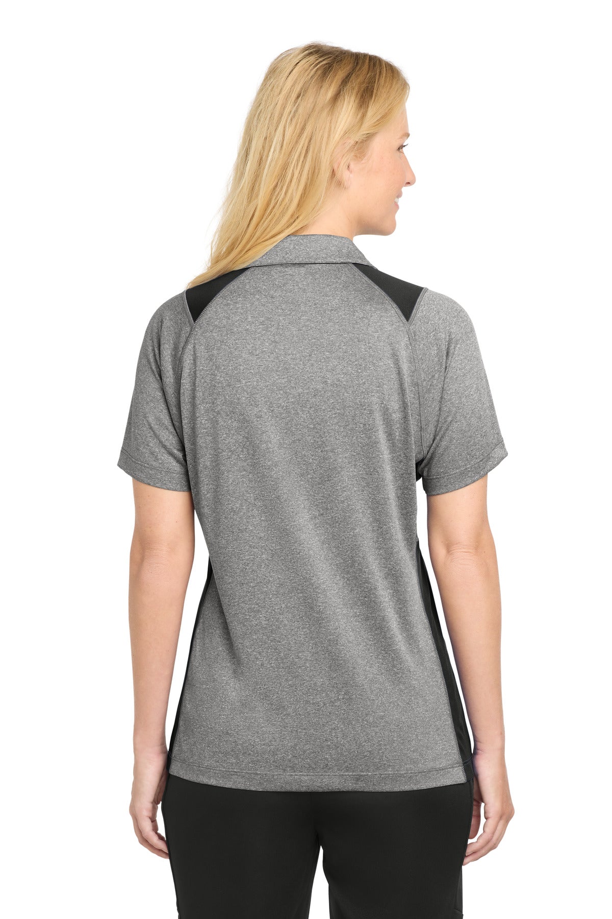Sport-Tek Women's Heather Colorblock Contender Polo. LST665 - Vintage Heather/ Black - back