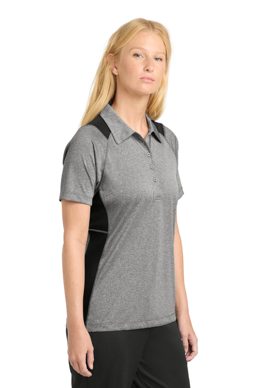 Sport-Tek Women's Heather Colorblock Contender Polo. LST665 - Vintage Heather/ Black - side