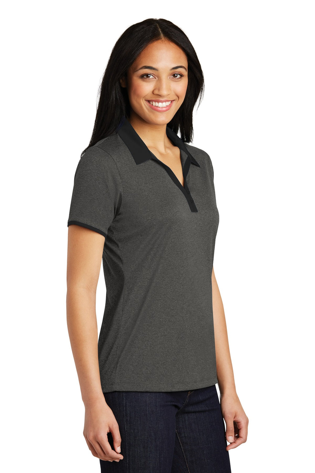DISCONTINUED Sport-Tek Ladies Heather Contender Contrast Polo. LST667 - Graphite Heather/ Black - three_q