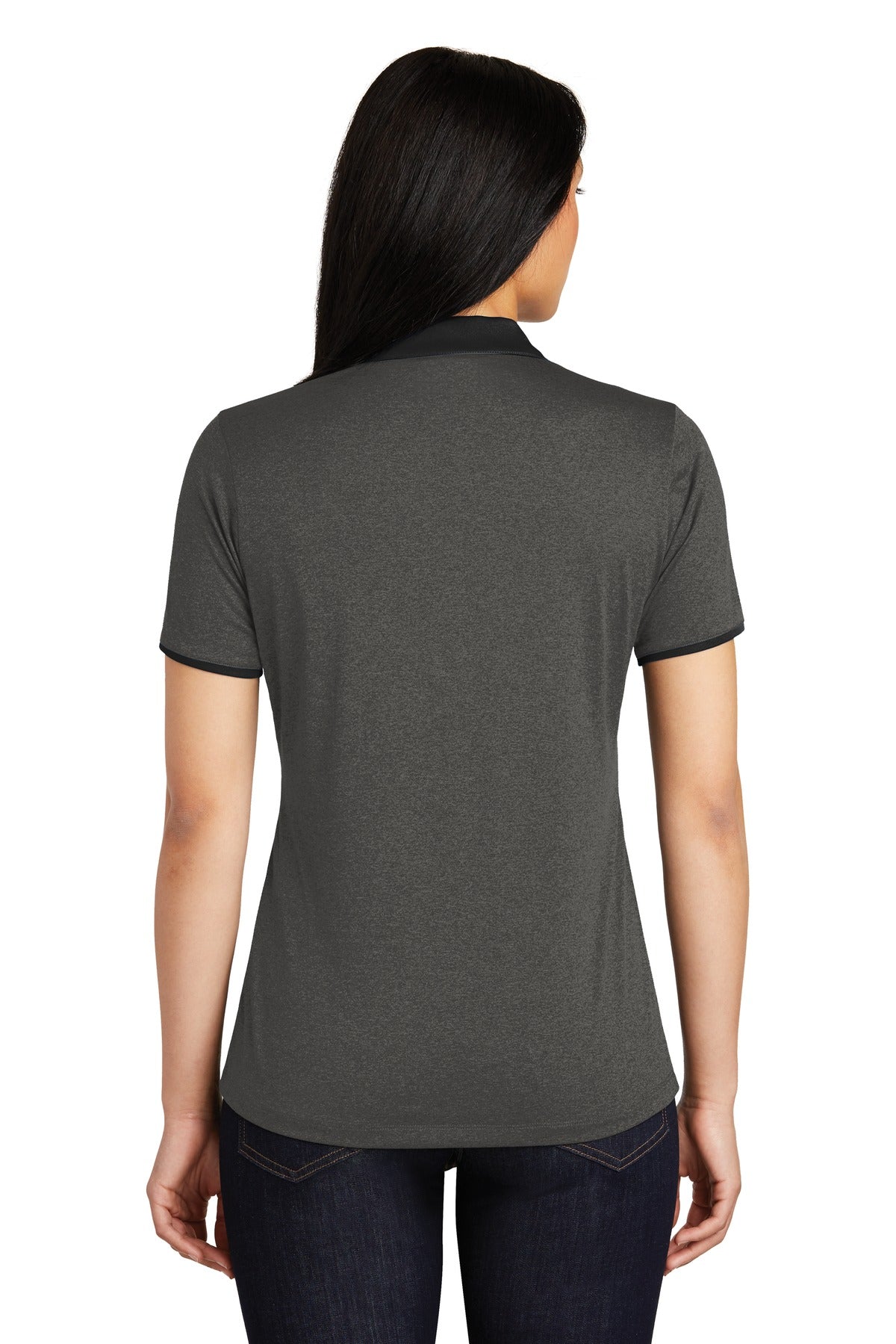DISCONTINUED Sport-Tek Ladies Heather Contender Contrast Polo. LST667 - Graphite Heather/ Black - back
