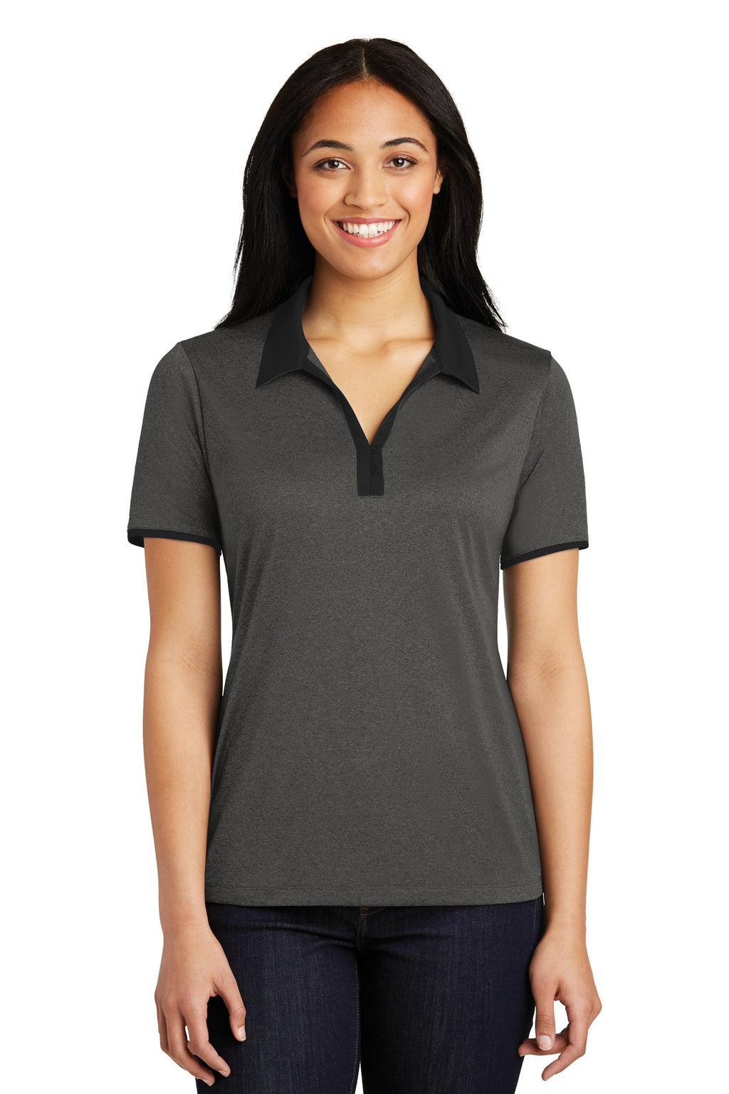 DISCONTINUED Sport-Tek Ladies Heather Contender Contrast Polo. LST667 - Graphite Heather/ Black - front