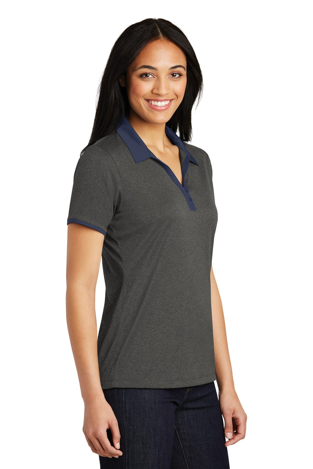 DISCONTINUED Sport-Tek Ladies Heather Contender Contrast Polo. LST667 - Graphite Heather/ True Navy - three_q