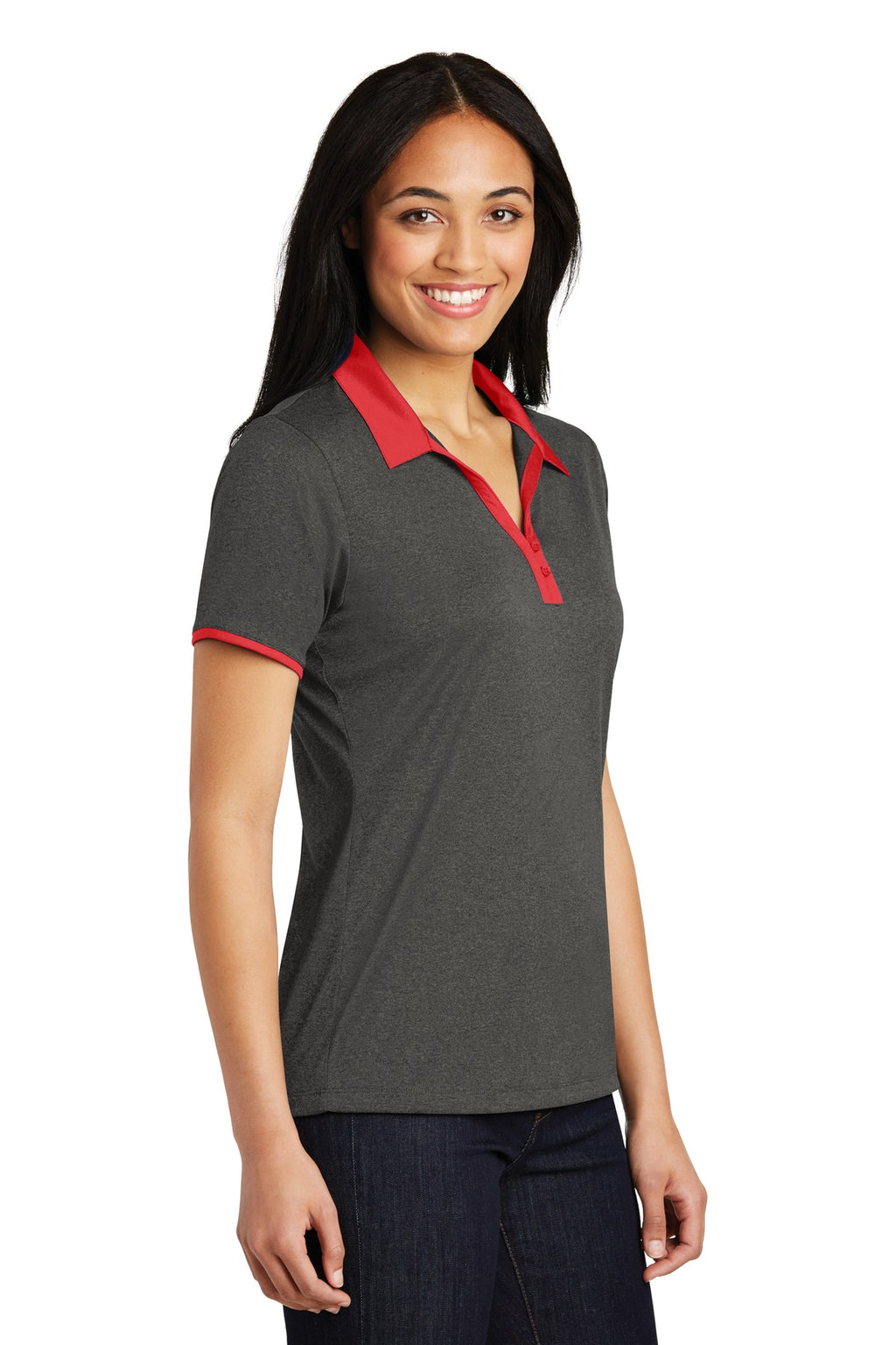 DISCONTINUED Sport-Tek Ladies Heather Contender Contrast Polo. LST667 - Graphite Heather/ True Red - three_q