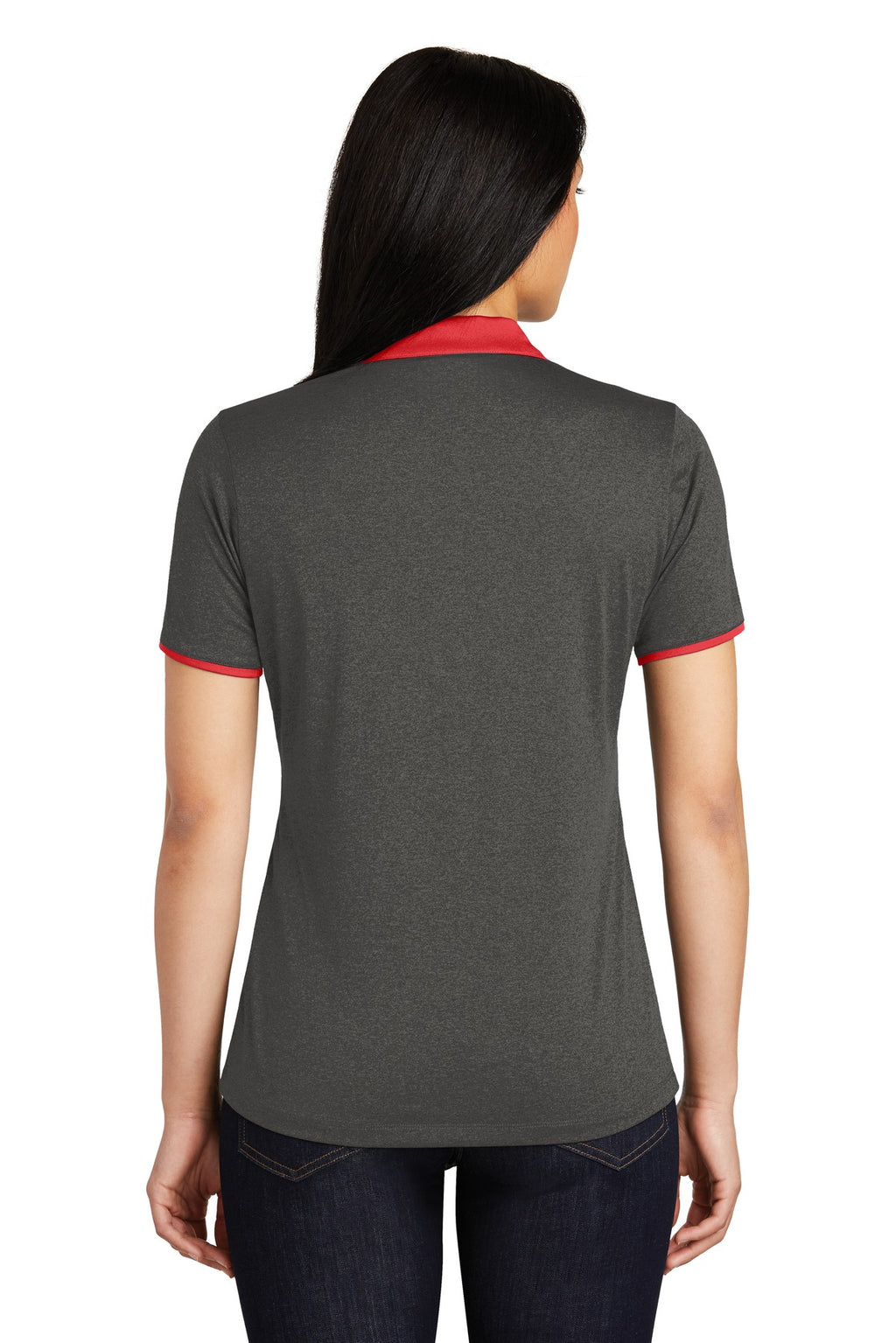 DISCONTINUED Sport-Tek Ladies Heather Contender Contrast Polo. LST667 - Graphite Heather/ True Red - back