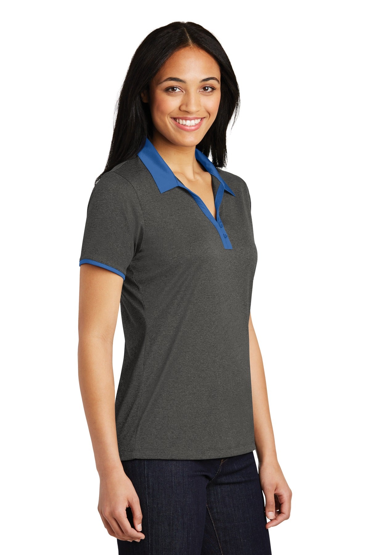 DISCONTINUED Sport-Tek Ladies Heather Contender Contrast Polo. LST667 - Graphite Heather/ True Royal - three_q