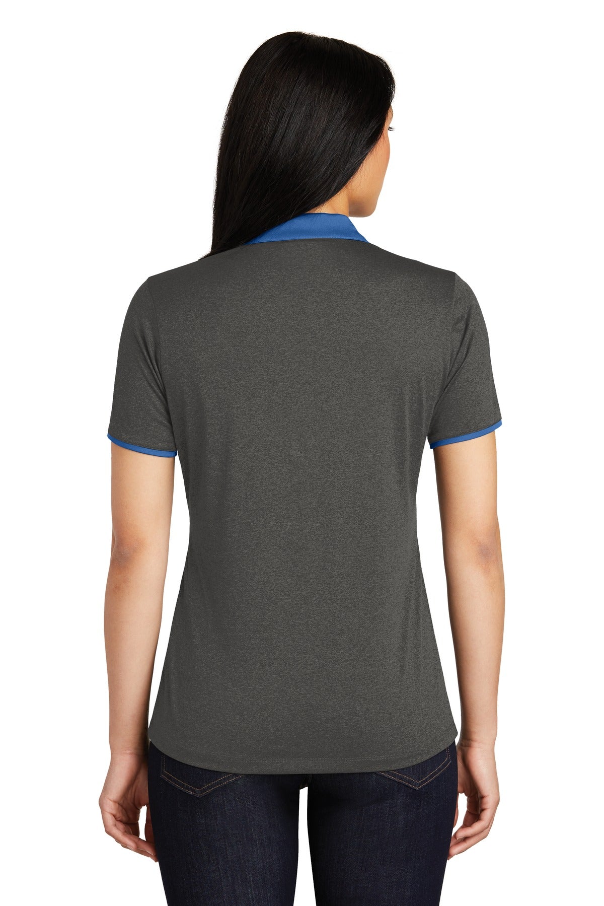 DISCONTINUED Sport-Tek Ladies Heather Contender Contrast Polo. LST667 - Graphite Heather/ True Royal - back