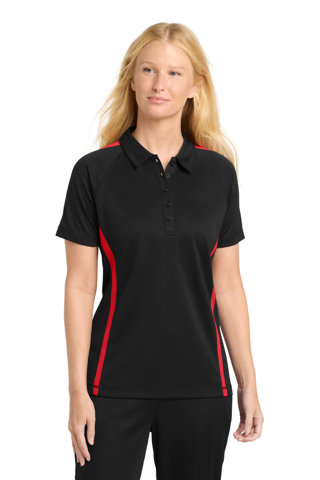 Sport-Tek Women's PosiCharge Micro-Mesh Colorblock Polo. LST685 - Black/ Red - front