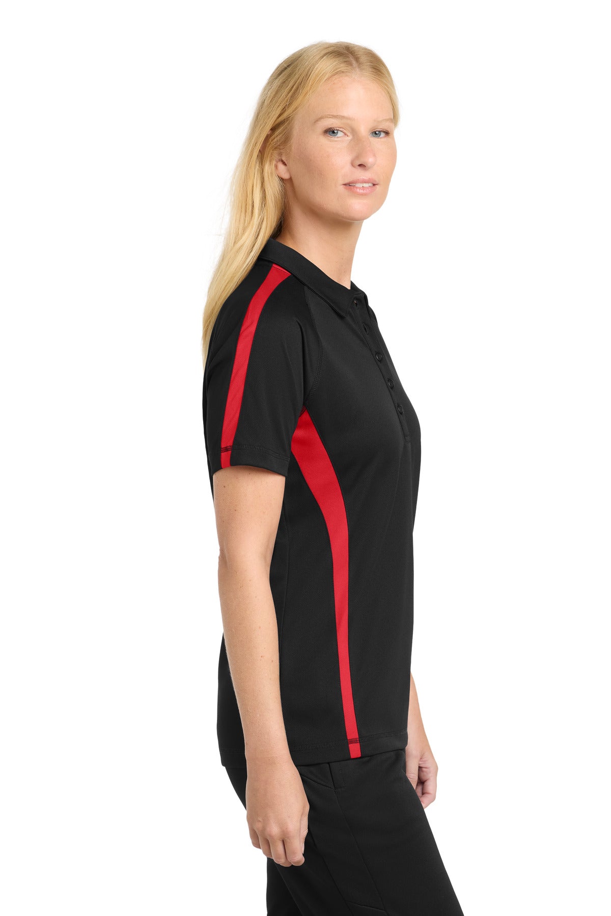 Sport-Tek Women's PosiCharge Micro-Mesh Colorblock Polo. LST685 - Black/ Red - side
